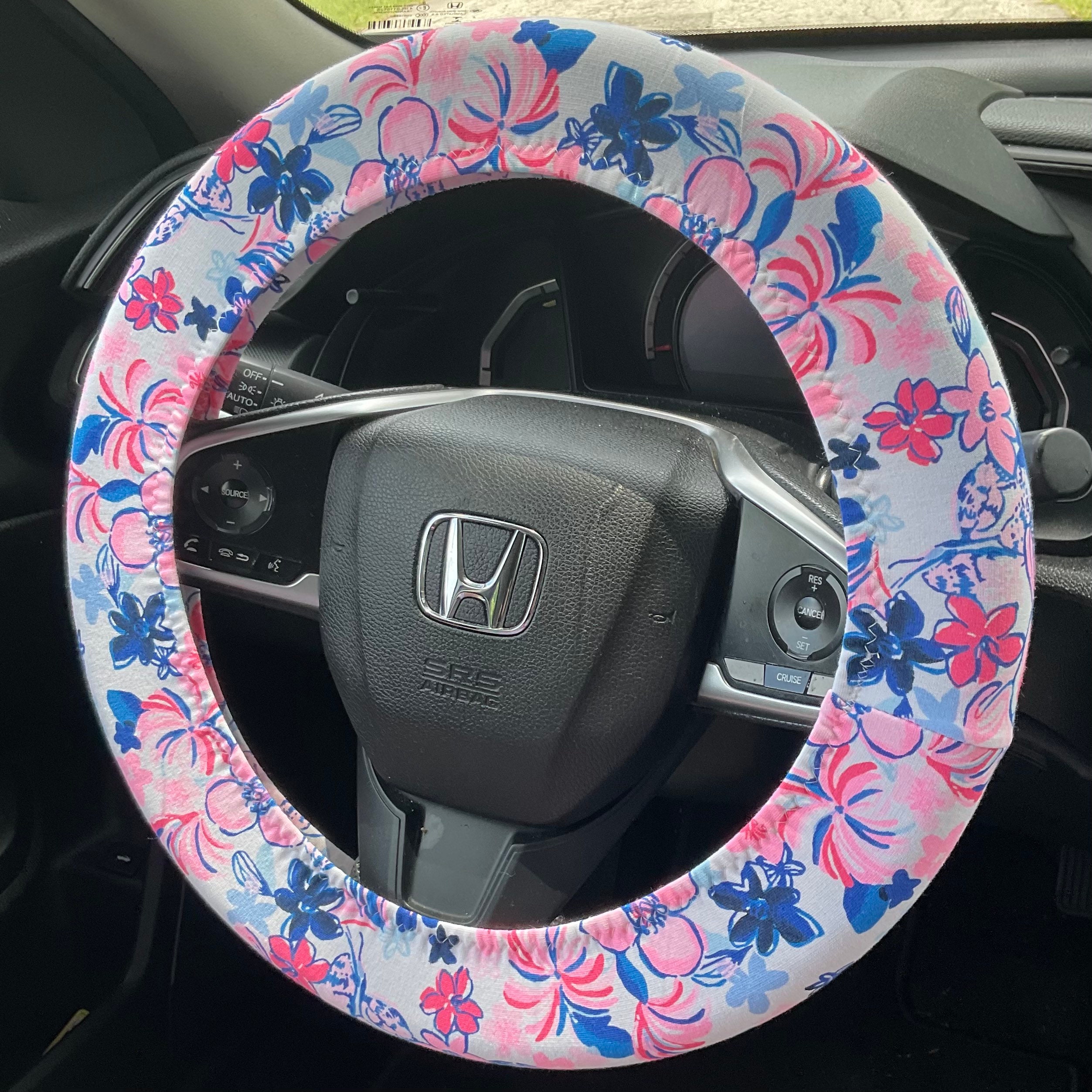 Steering Wheel Head Rest Seat Belt Covers in a beautiful colorful tropical nautical LP print white, pink, blue lobster flowers Lilly T14 - Thumbnail 6
