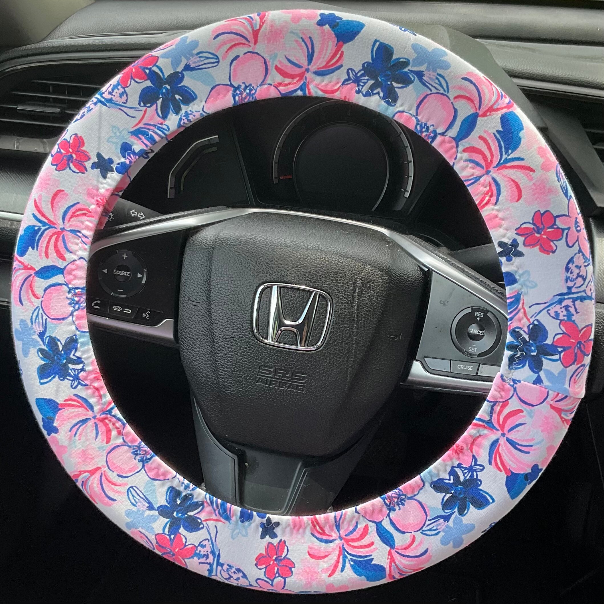 Steering Wheel Head Rest Seat Belt Covers in a beautiful colorful tropical nautical LP print white, pink, blue lobster flowers Lilly T14