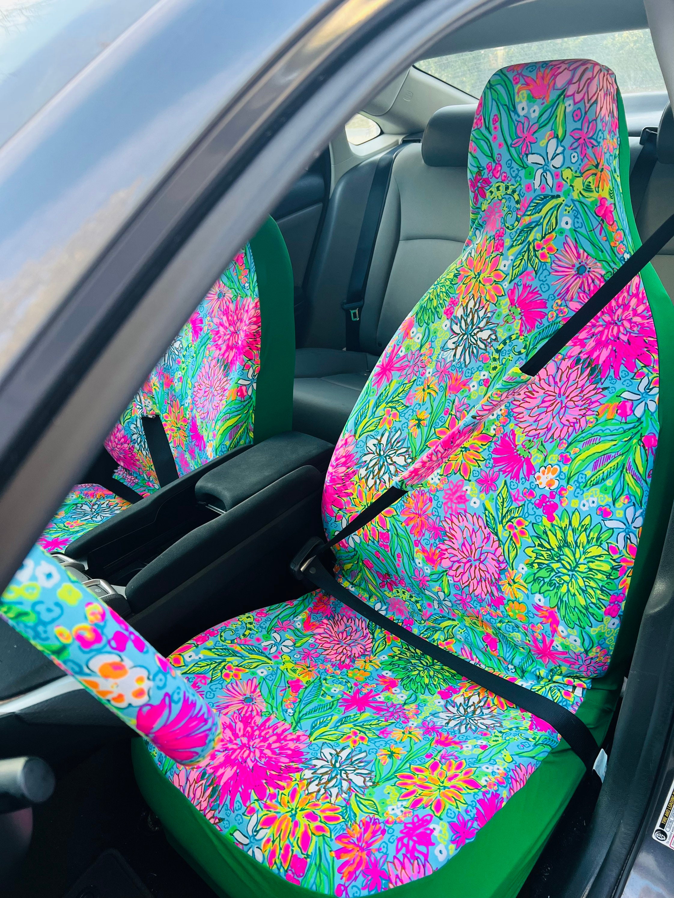 Car Seat Cover beautiful bright beachy fabrics tropical lilly flowers nautical hot colors unique made in America USA - Thumbnail 4