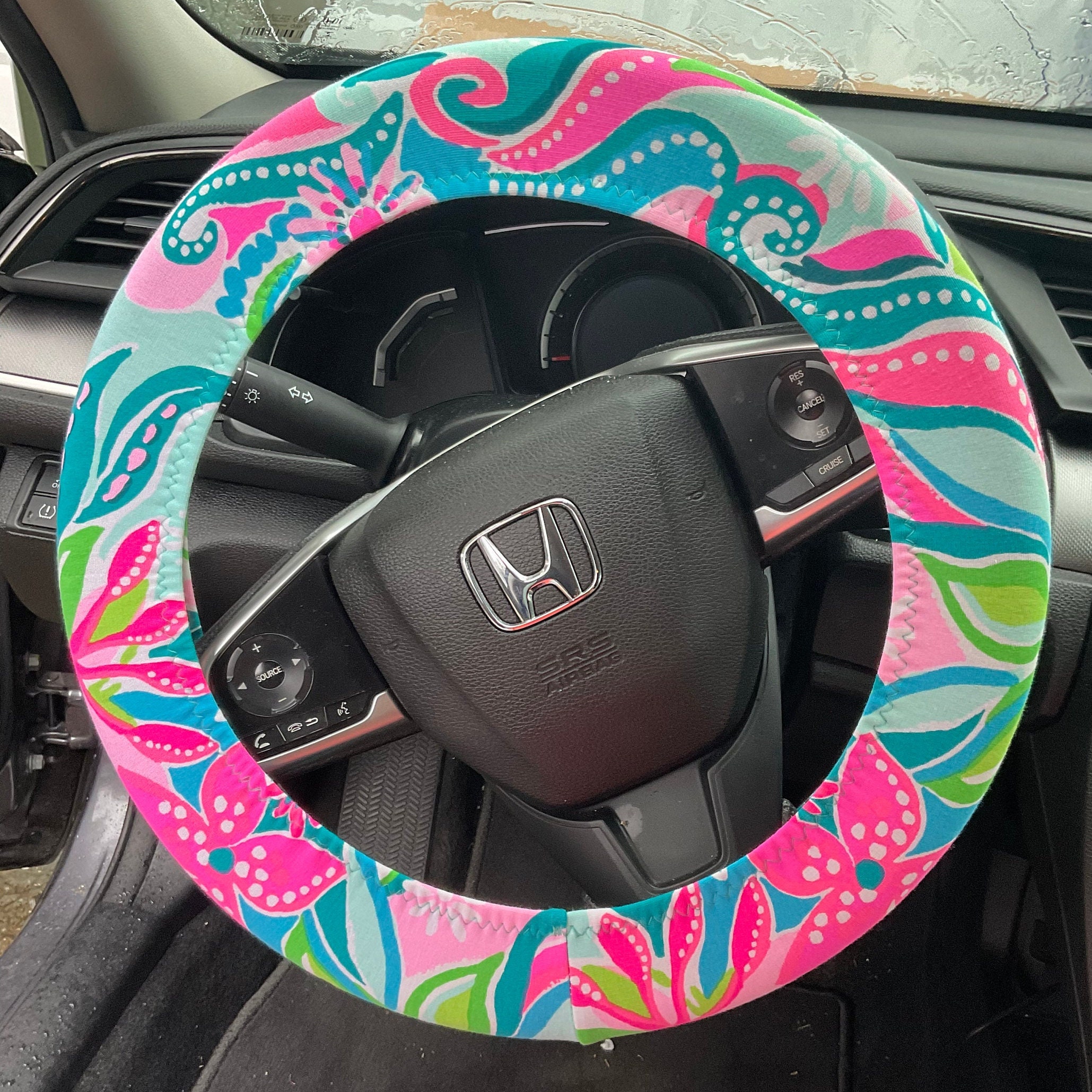 Steering Wheel Head Rest Seat Belt Covers beautiful colorful tropical LP print pink blue green flowers animals soft happy colors Lilly T16 - Thumbnail 2