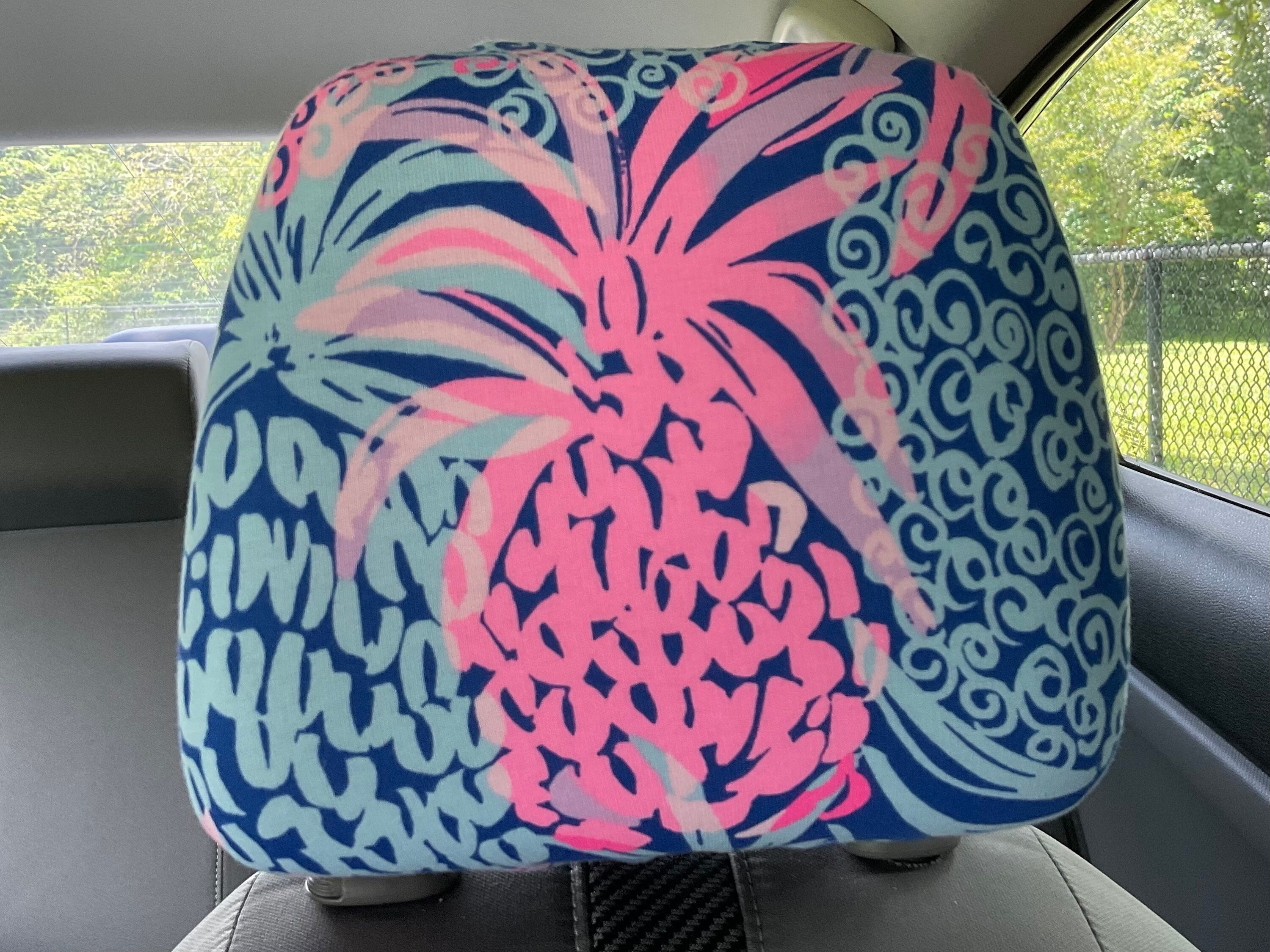 Steering Wheel Head Rest Seat Belt Covers in a beautiful colorful tropical LP print pink blue pineapple Lilly T15 - Thumbnail 7