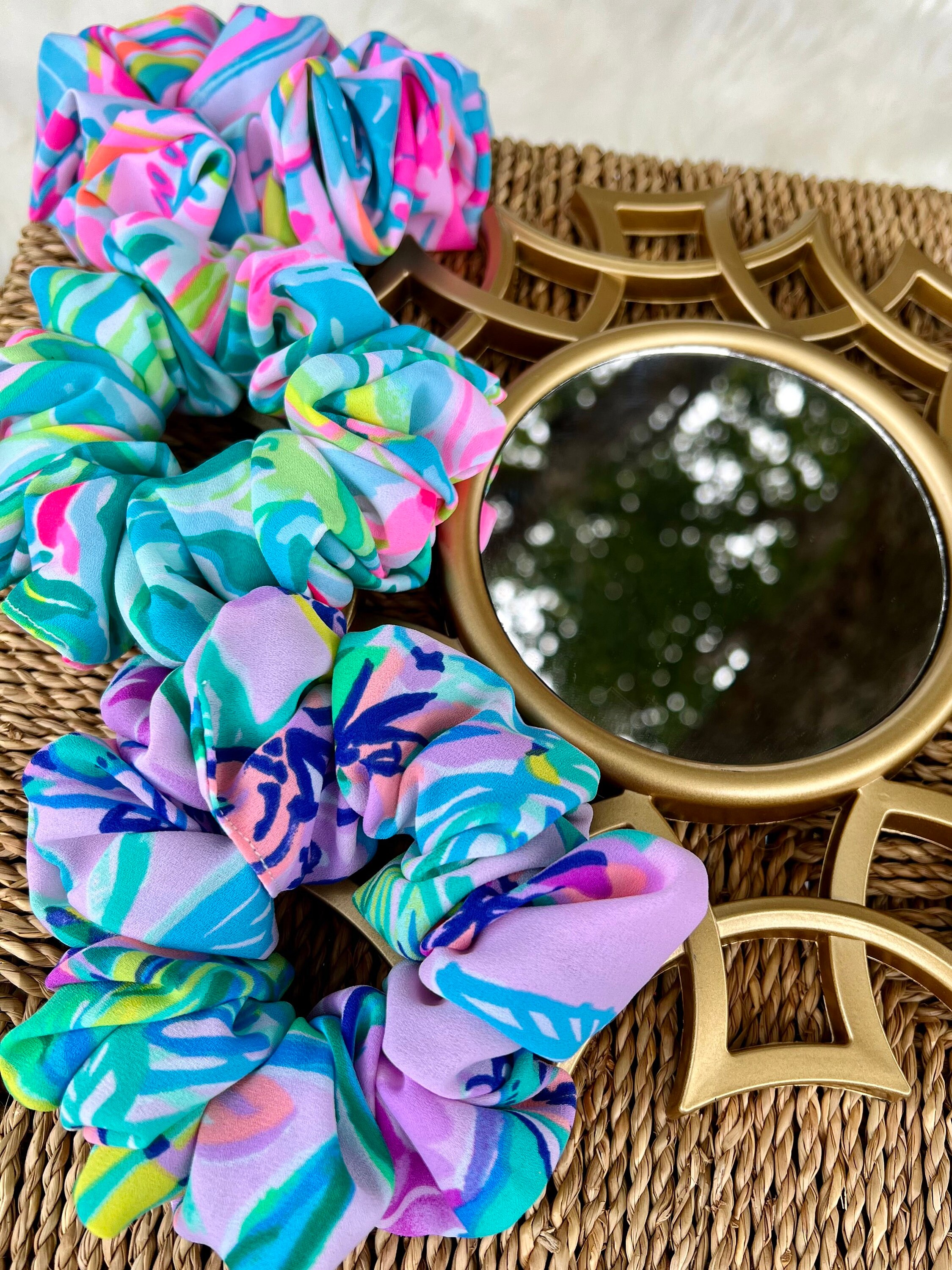 Hair Scrunchie Lush Full Luxurious volume Happy Bright colorful beachy tropical soft slinky unique special great gift made in the USA - Thumbnail 2
