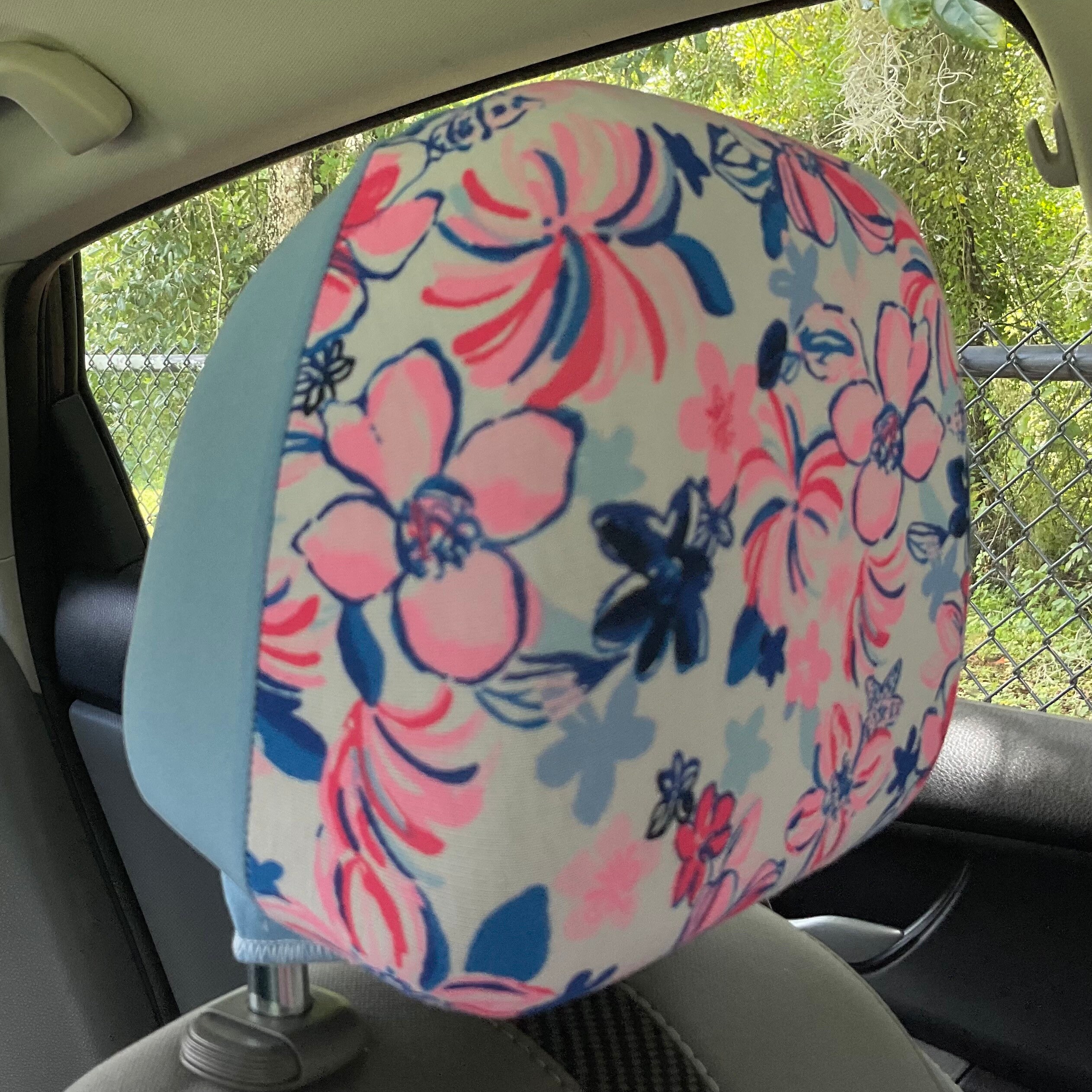 Steering Wheel Head Rest Seat Belt Covers in a beautiful colorful tropical nautical LP print white, pink, blue lobster flowers Lilly T14 - Thumbnail 2