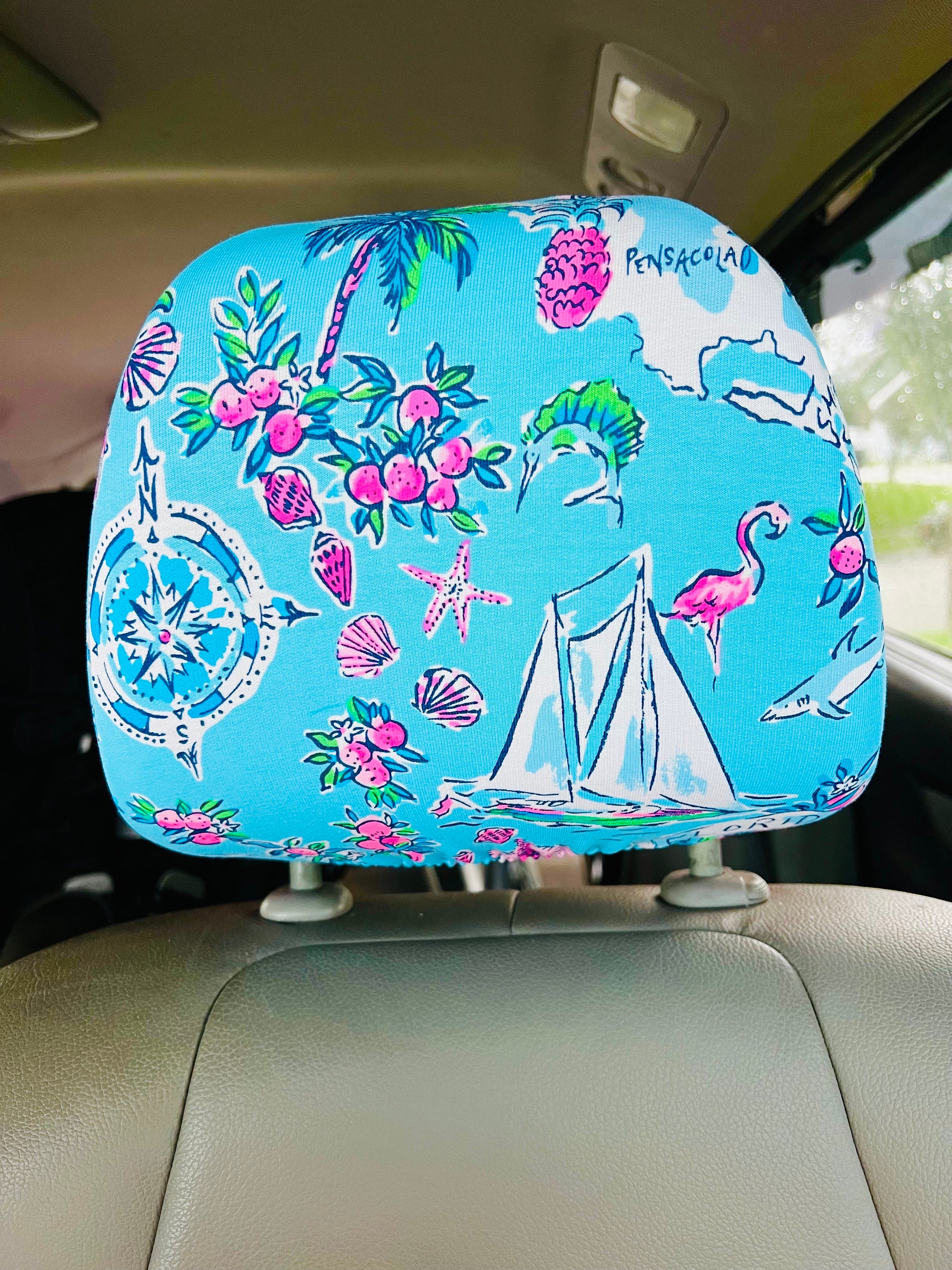 Seat Belt Head Rest Steering Wheel Covers soft Lilly tropical prints LP flowers turtle sail boat alligator Florida print - Thumbnail 2