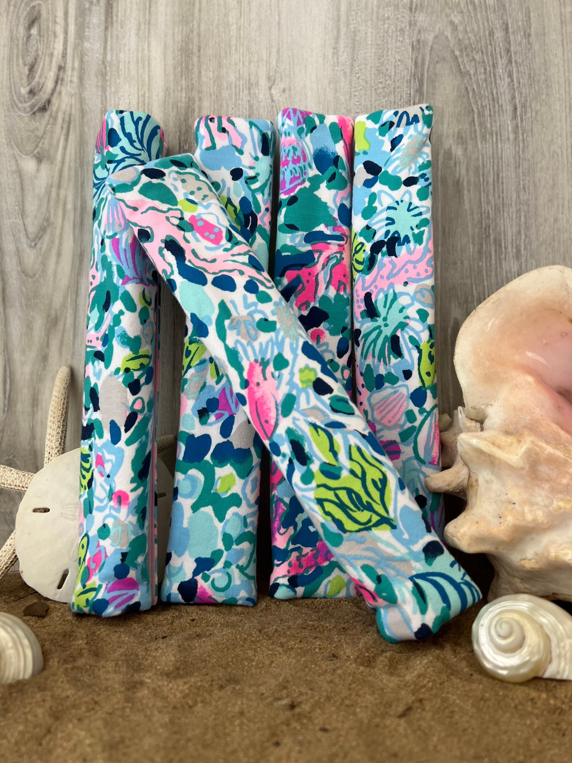 Seat Belt Head Rest Steering Wheel covers soft pretty bright colors Lilly tropical nautical prints LP light blue aqua pink white Print T-28 - Thumbnail 3