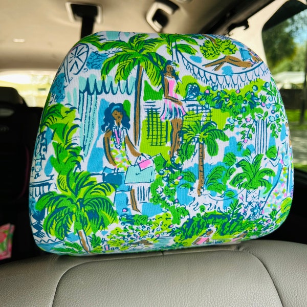 Seat Belt Head Rest Steering Wheel covers soft pretty bright colors Lilly tropical prints green white blue tennis pickle ball LP Print T27