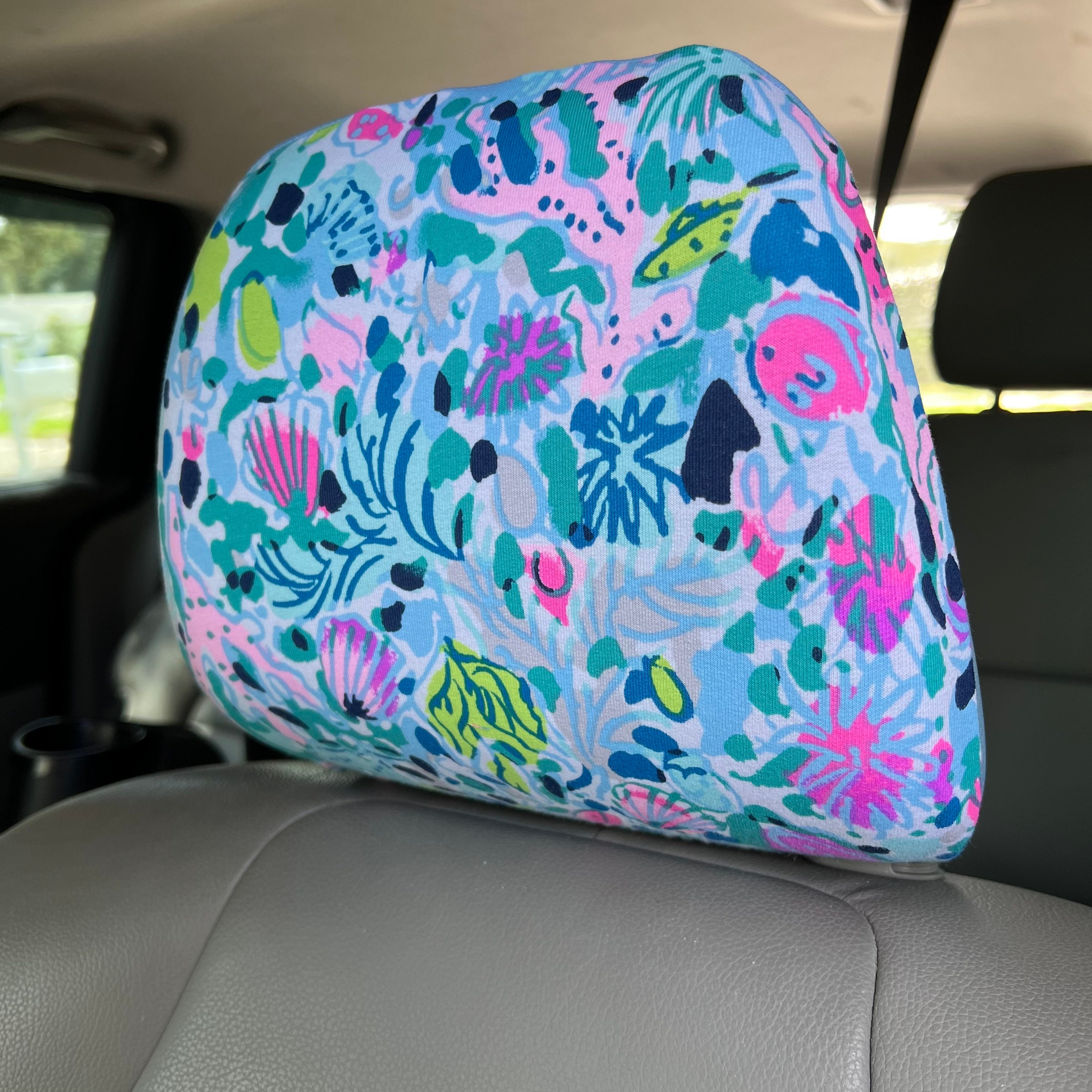 Seat Belt Head Rest Steering Wheel covers soft pretty bright colors Lilly tropical nautical prints LP light blue aqua pink white Print T-28 - Thumbnail 6
