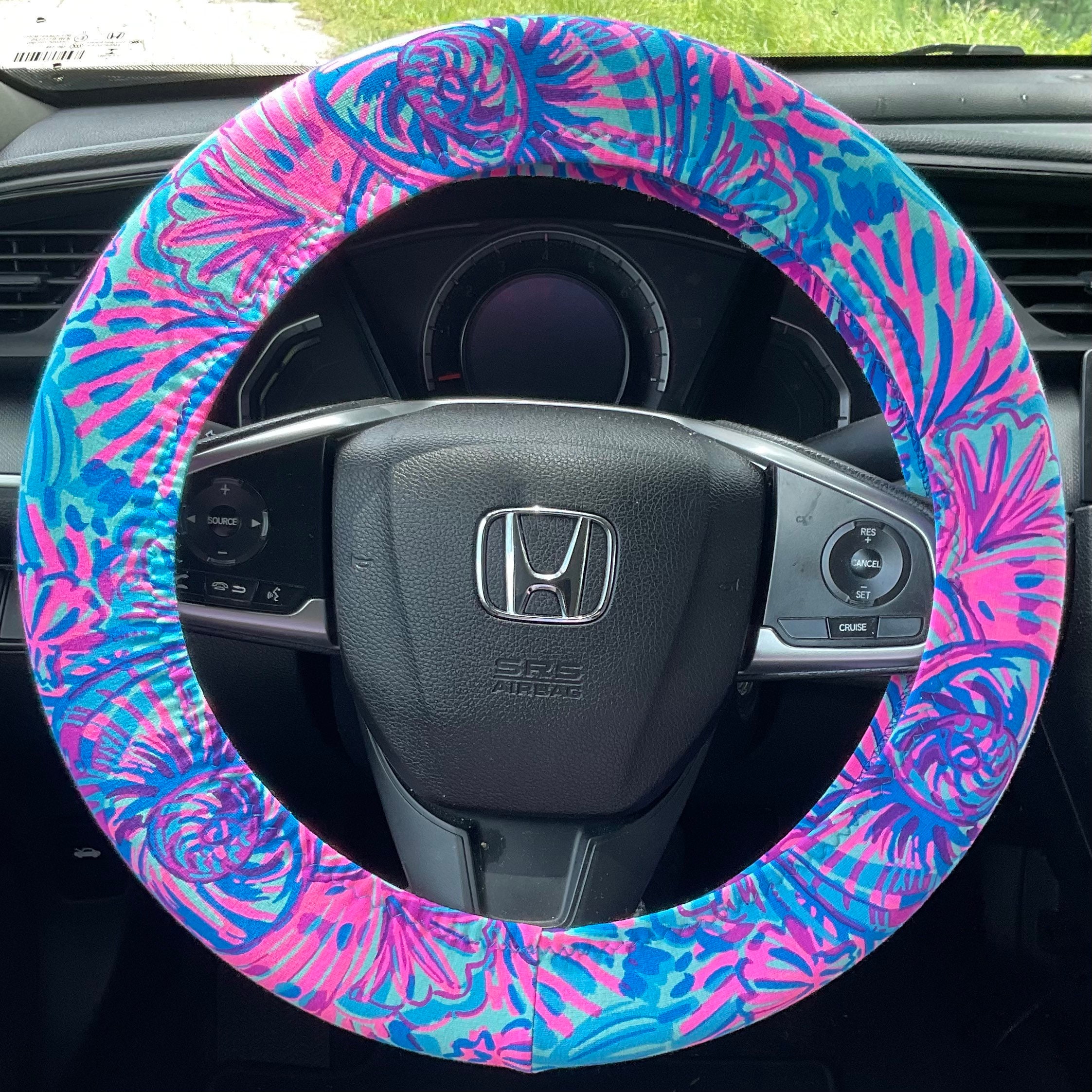 Seat Belt Head Rest Steering Wheel Covers soft pretty bright colors Lilly tropical prints LP  beach shells pink purple aqua Print T-21 - Thumbnail 5