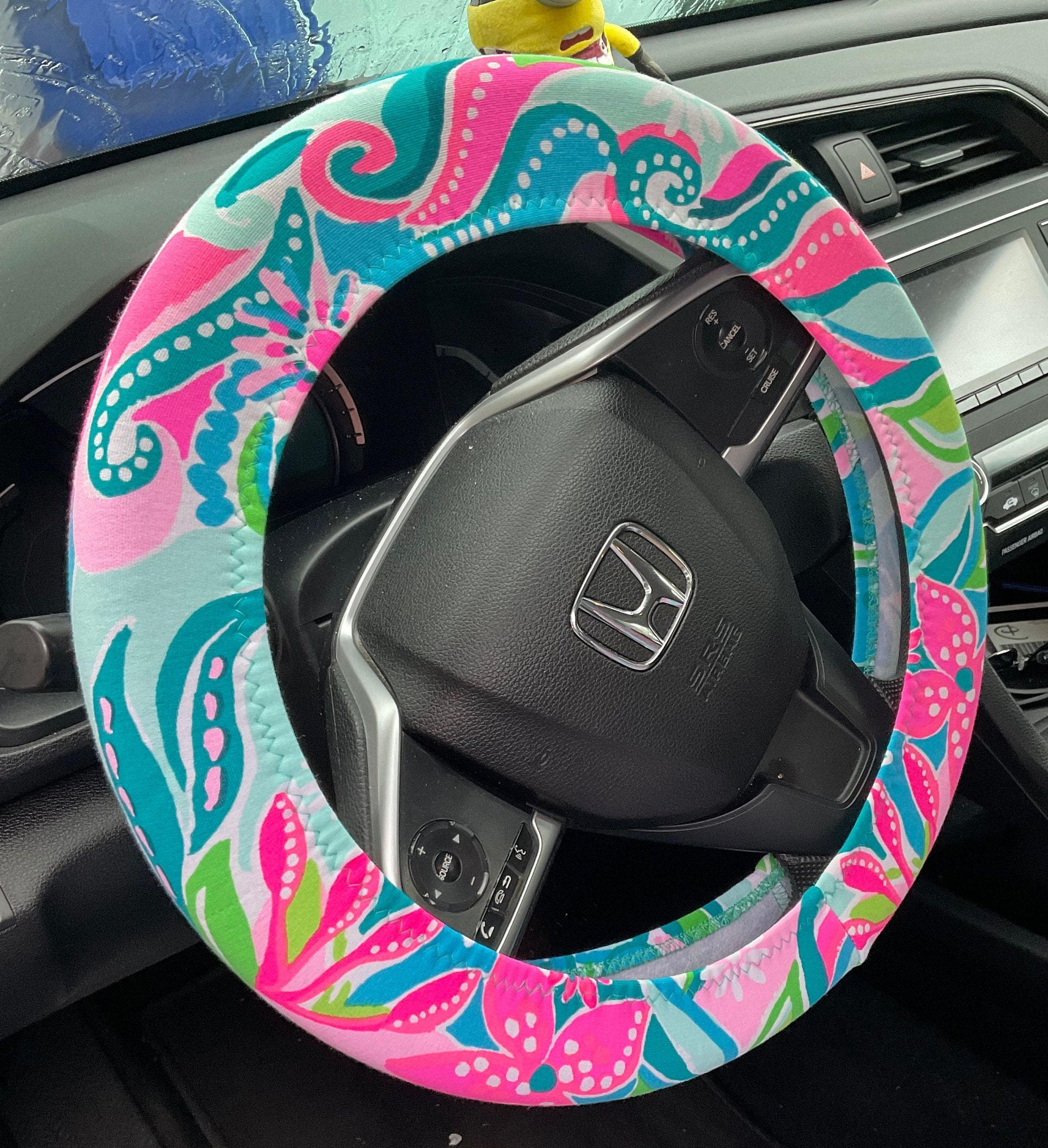 Steering Wheel Head Rest Seat Belt Covers beautiful colorful tropical LP print pink blue green flowers animals soft happy colors Lilly T16 - Thumbnail 3