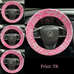 Steering Wheel Head Rest Seat Belt Covers in a beautiful colorful tropical palm trees LP print pink white soft Lilly T8