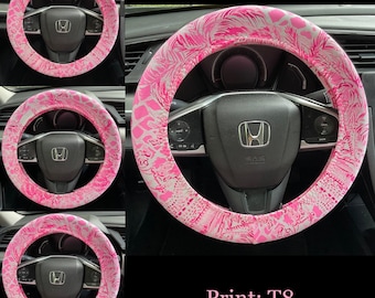 Housses de ceinture de sécurité pour appuie-tête du volant dans un magnifique imprimé LP de palmiers tropicaux colorés rose blanc doux Lilly T8