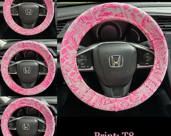 Steering Wheel Head Rest Seat Belt Covers in a beautiful colorful tropical palm trees LP print pink white soft Lilly T8