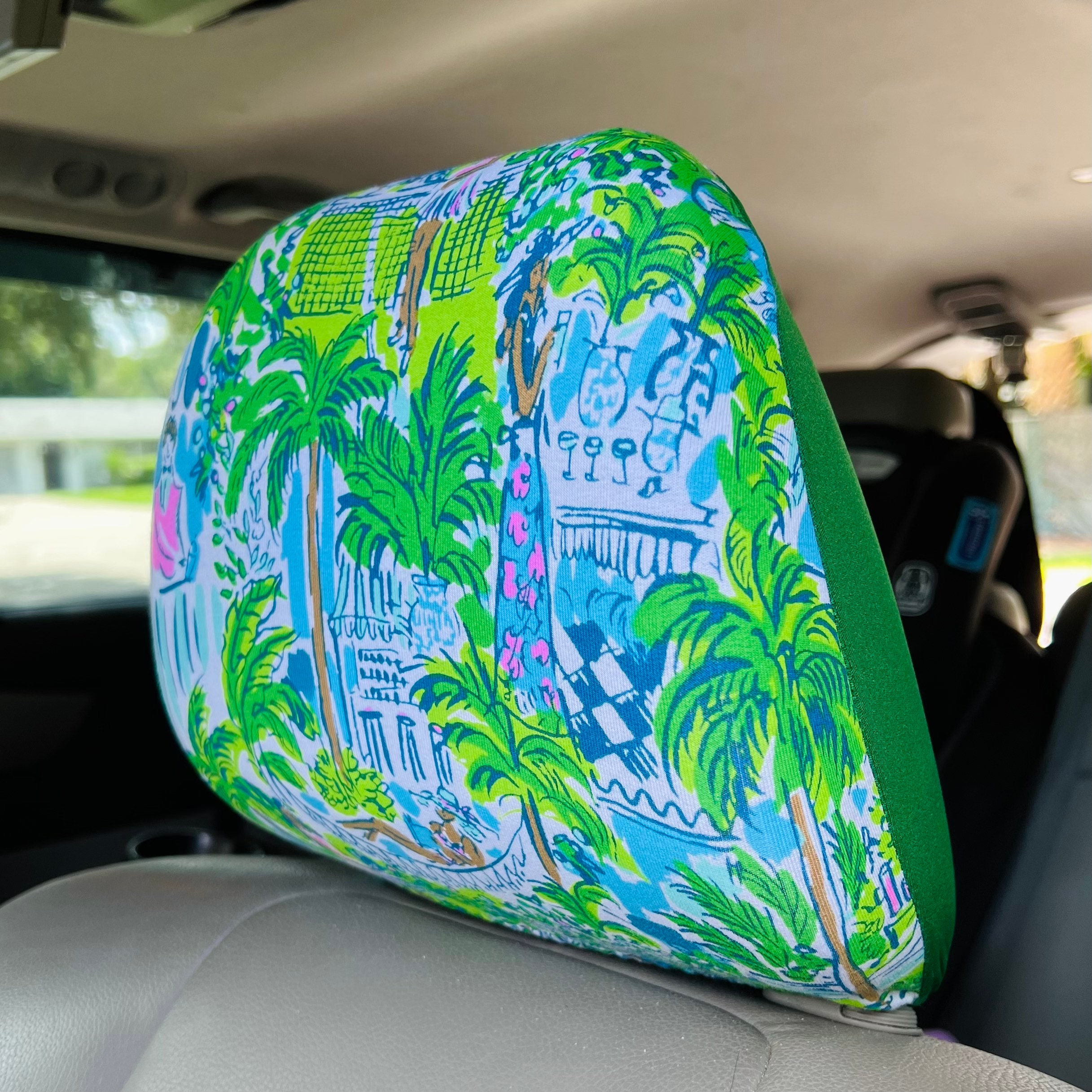 Seat Belt Head Rest Steering Wheel covers soft pretty bright colors Lilly tropical prints green white blue tennis pickle ball LP Print T27 - Thumbnail 2