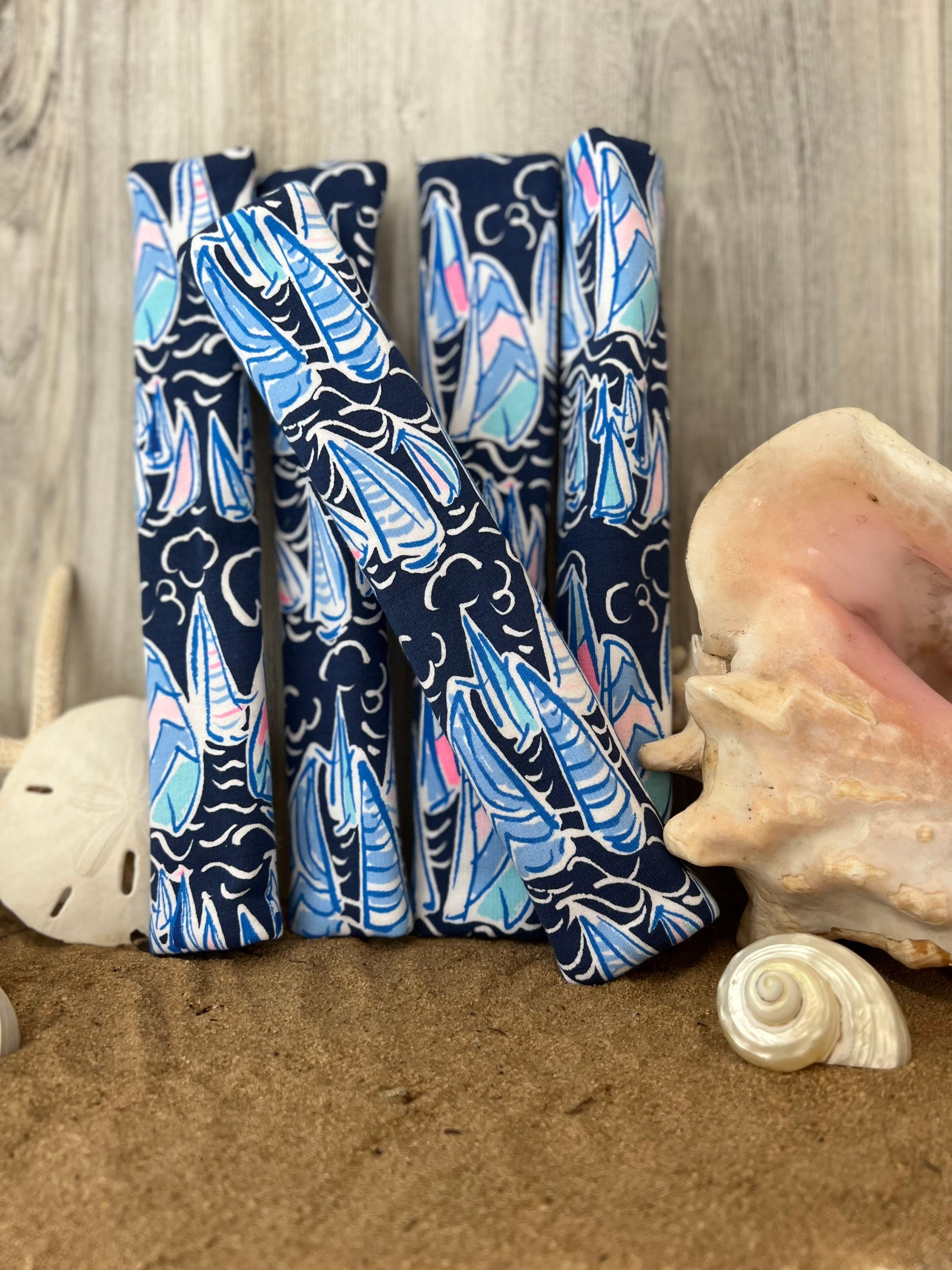 Steering Wheel Head Rest Seat Belt Covers in a beautiful colorful tropical LP print blue navy white pink T-3 - Thumbnail 4