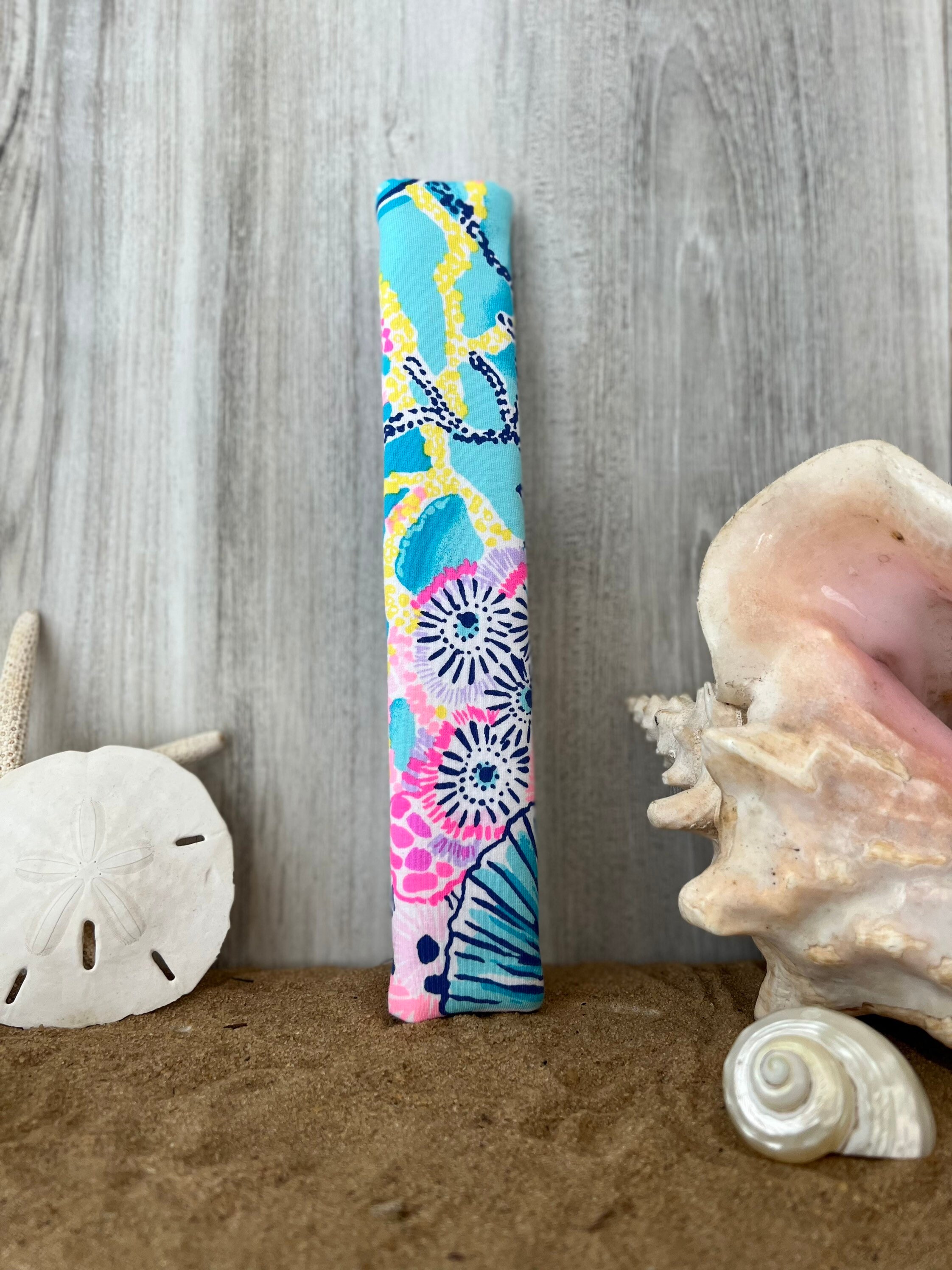Steering Wheel Head Rest Seat Belt Covers in a beautiful colorful tropical nautical LP print aqua, pink, yellow Lilly T4 - Thumbnail 2