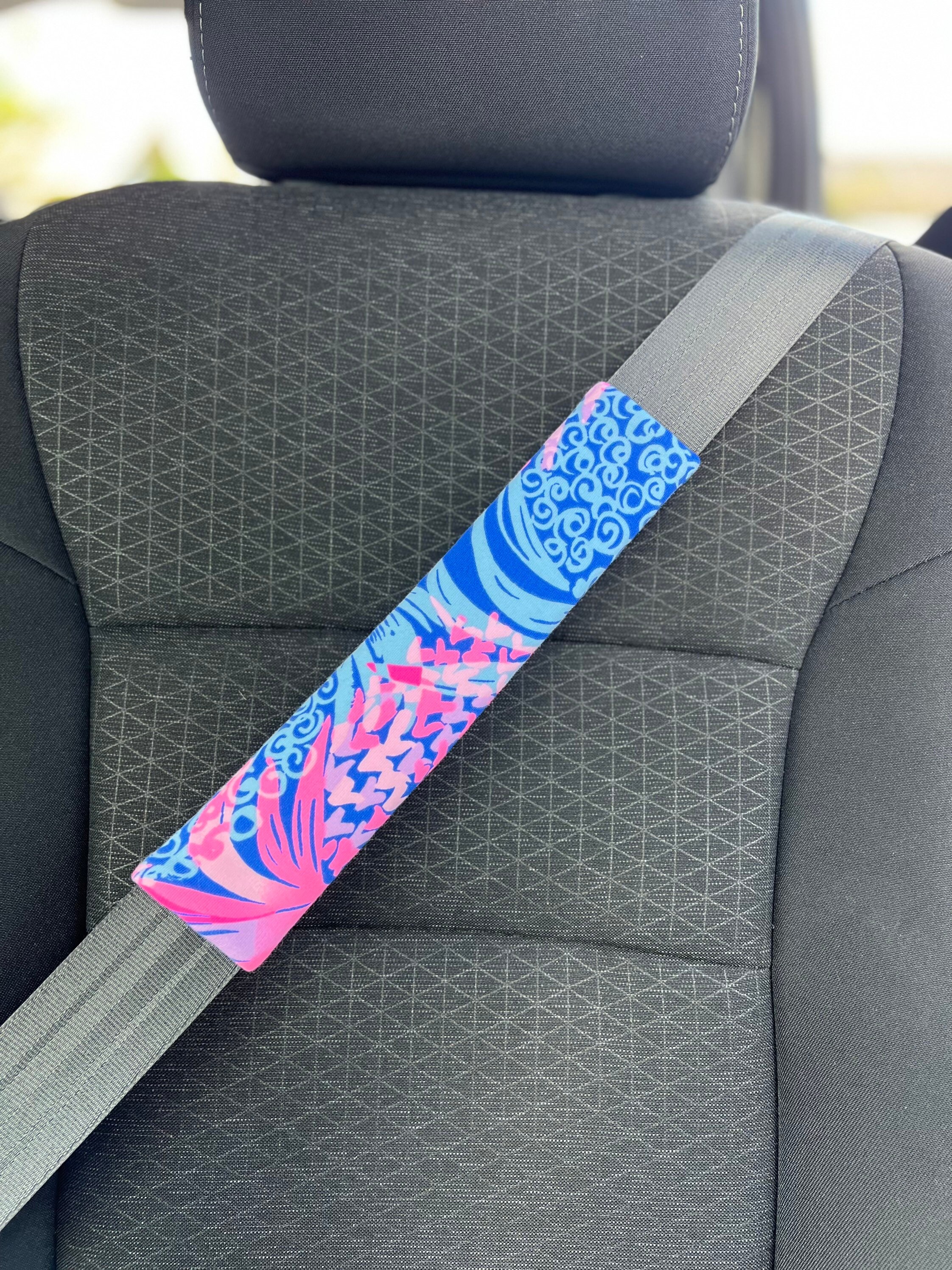 Steering Wheel Head Rest Seat Belt Covers in a beautiful colorful tropical LP print pink blue pineapple Lilly T15 - Thumbnail 2