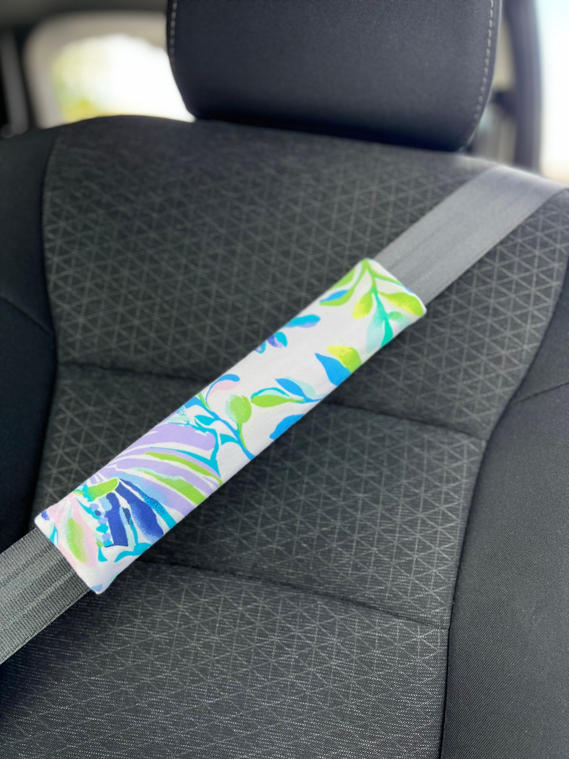 Steering Wheel Head Rest Seat Belt Covers in a colorful tropical nautical starfish beachy LP print Lilly white lime aqua lavender T2 - Thumbnail 2