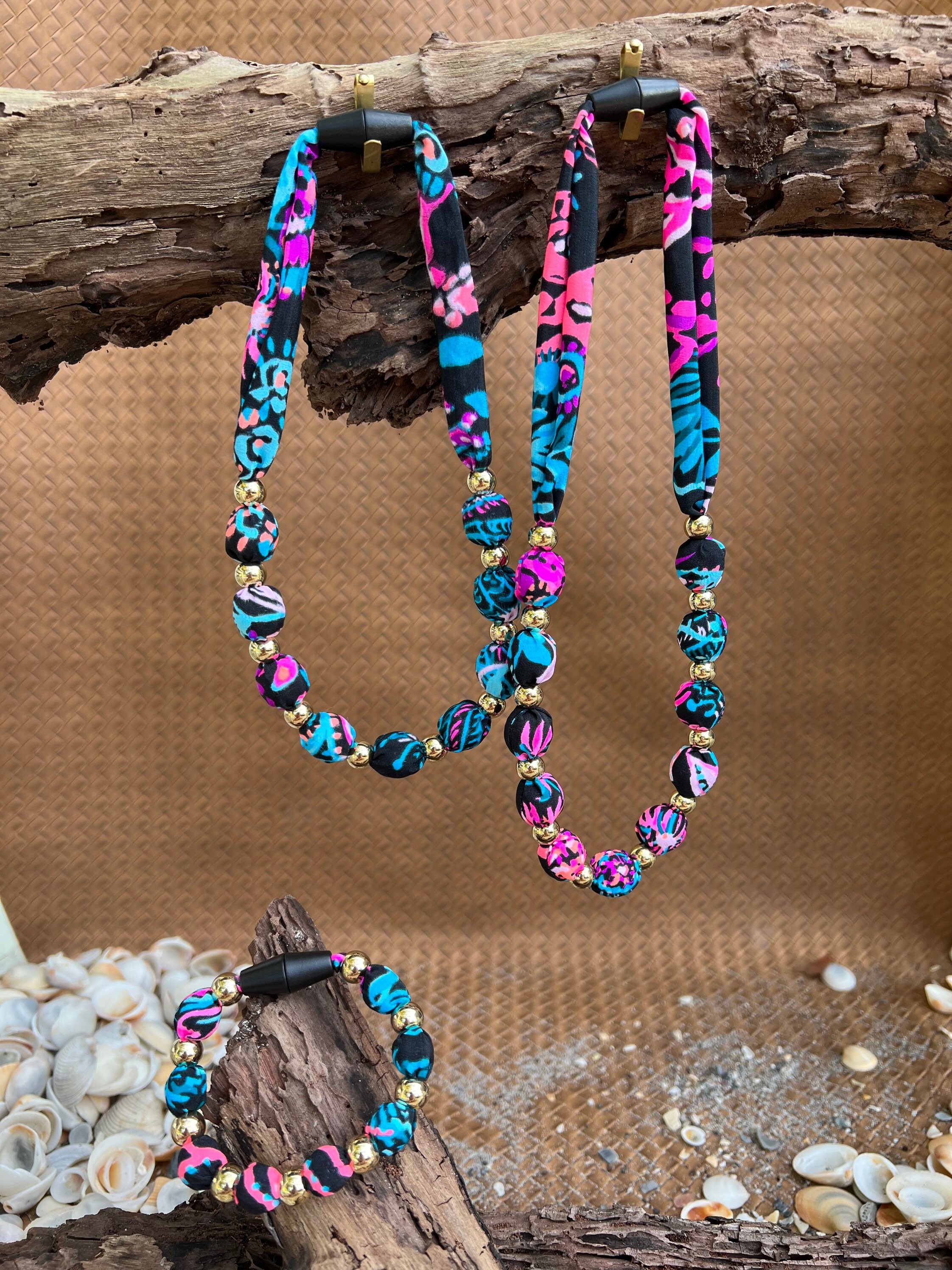 Tropical Silk Necklace Bracelet Earrings made from Beautiful Lilly Print Fabric Pearls Beads Gold Silver Cross Shell Jewelry Unique S16 - Thumbnail 4