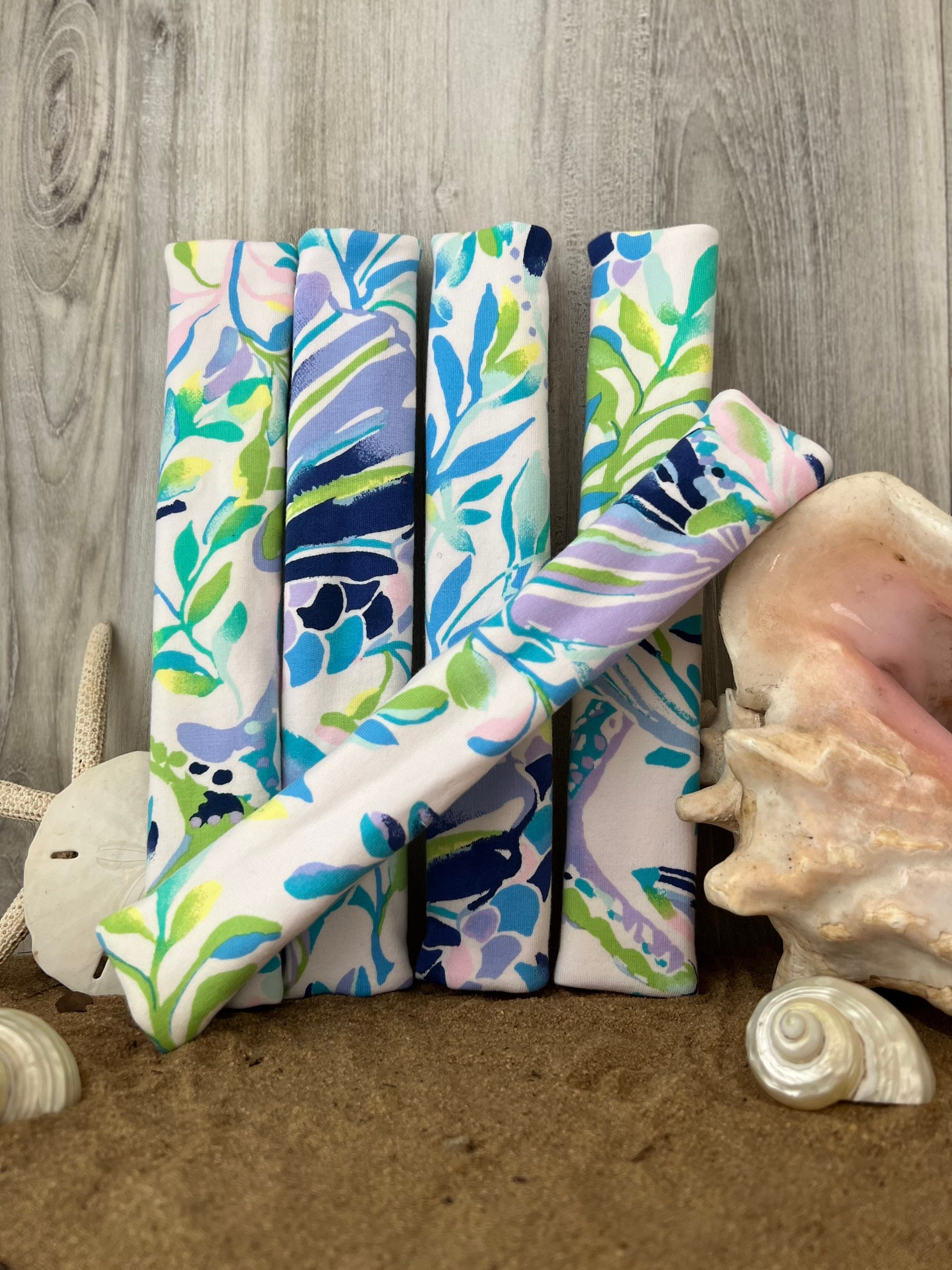Steering Wheel Head Rest Seat Belt Covers in a colorful tropical nautical starfish beachy LP print Lilly white lime aqua lavender T2 - Thumbnail 4