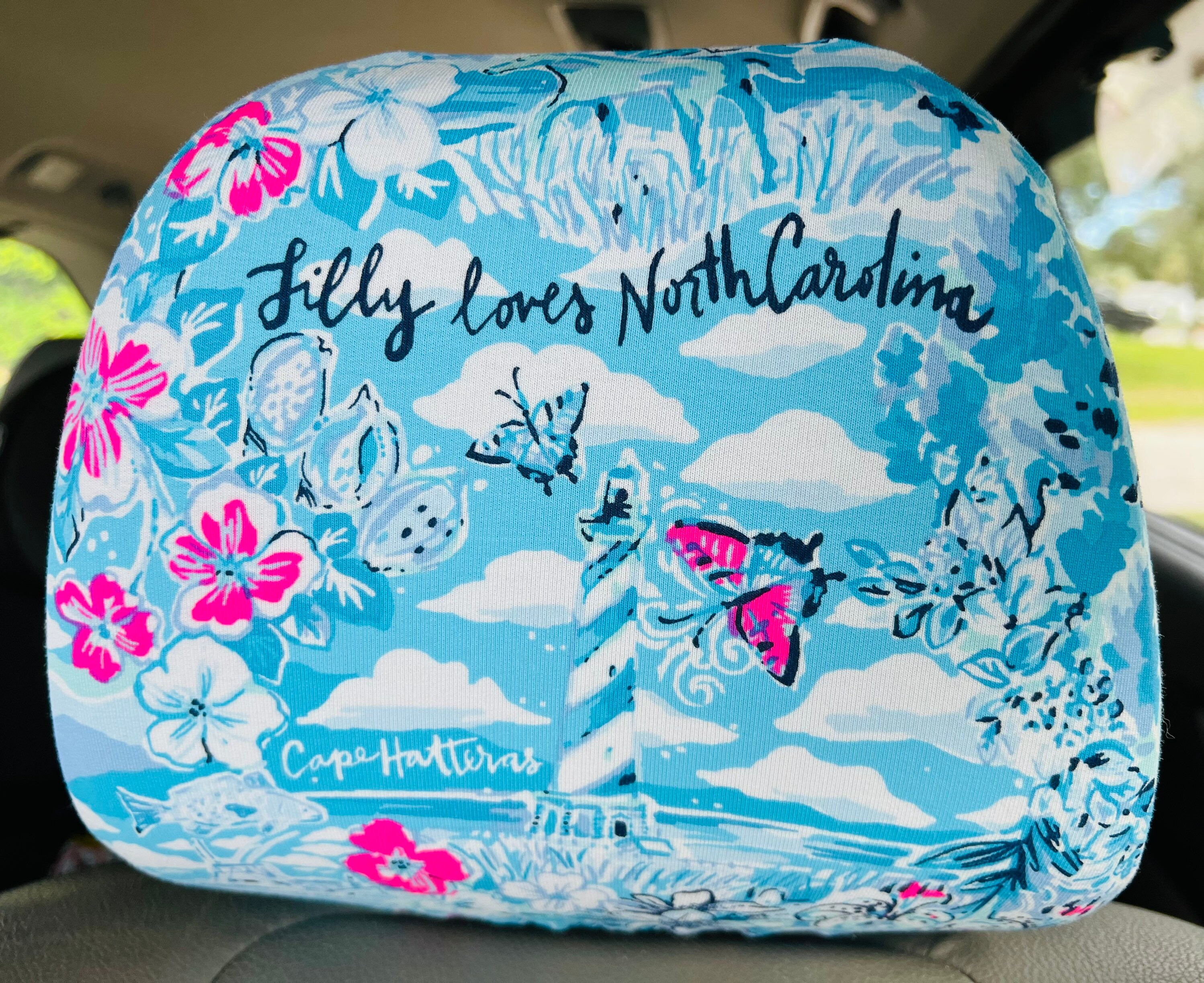Steering Wheel , Head Rest & Seat Belt Covers Love North Carolina beautiful colorful tropical LP print blue white pink Lilly T-30