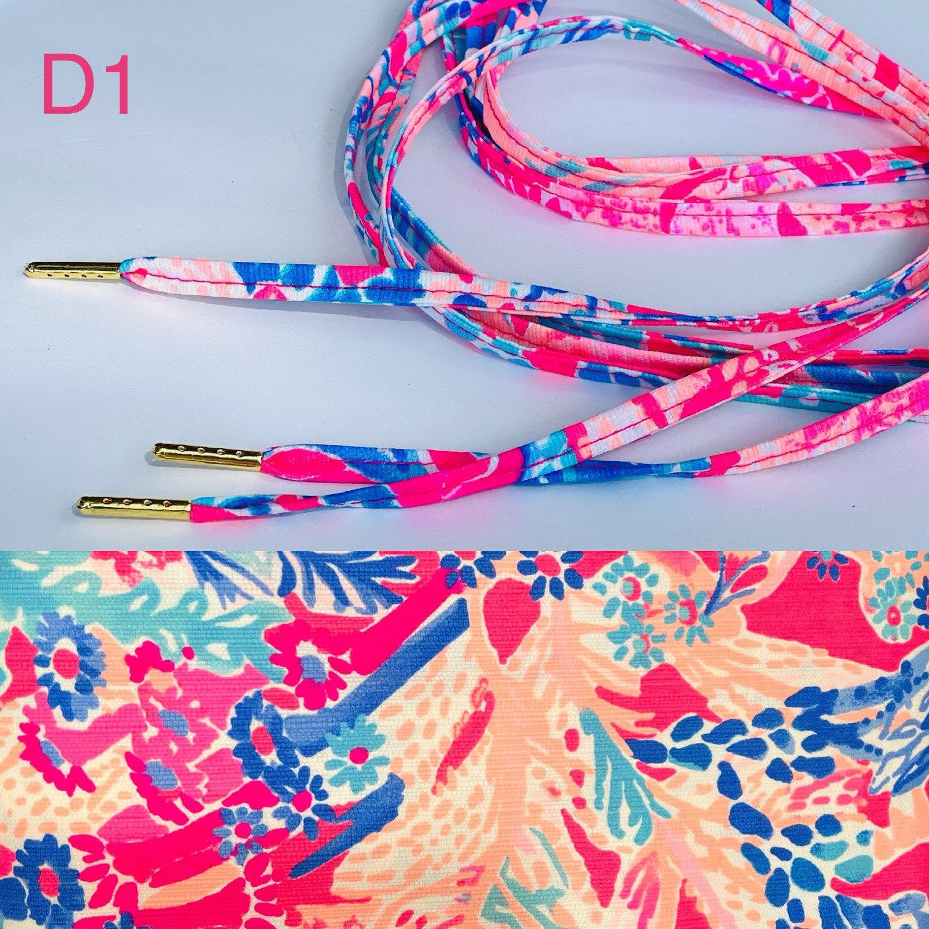 Shoe laces made with LP Dobby fabric gold ends unique special gift tropical beachy bright fun colors flowers panda lilly sailboat pink teal - Thumbnail 2