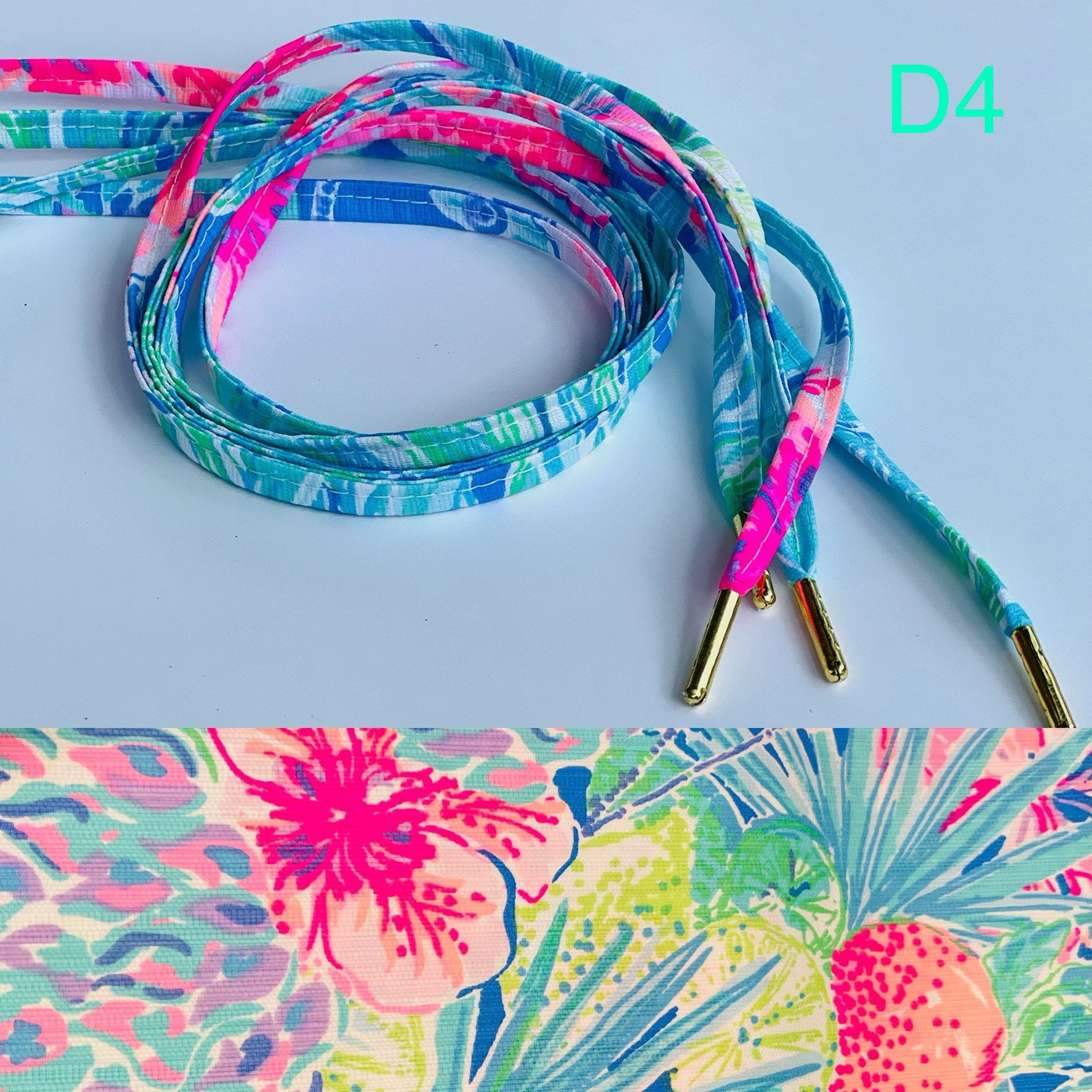 Shoe laces made with LP Dobby fabric gold ends unique special gift tropical beachy bright fun colors flowers panda lilly sailboat pink teal - Thumbnail 5