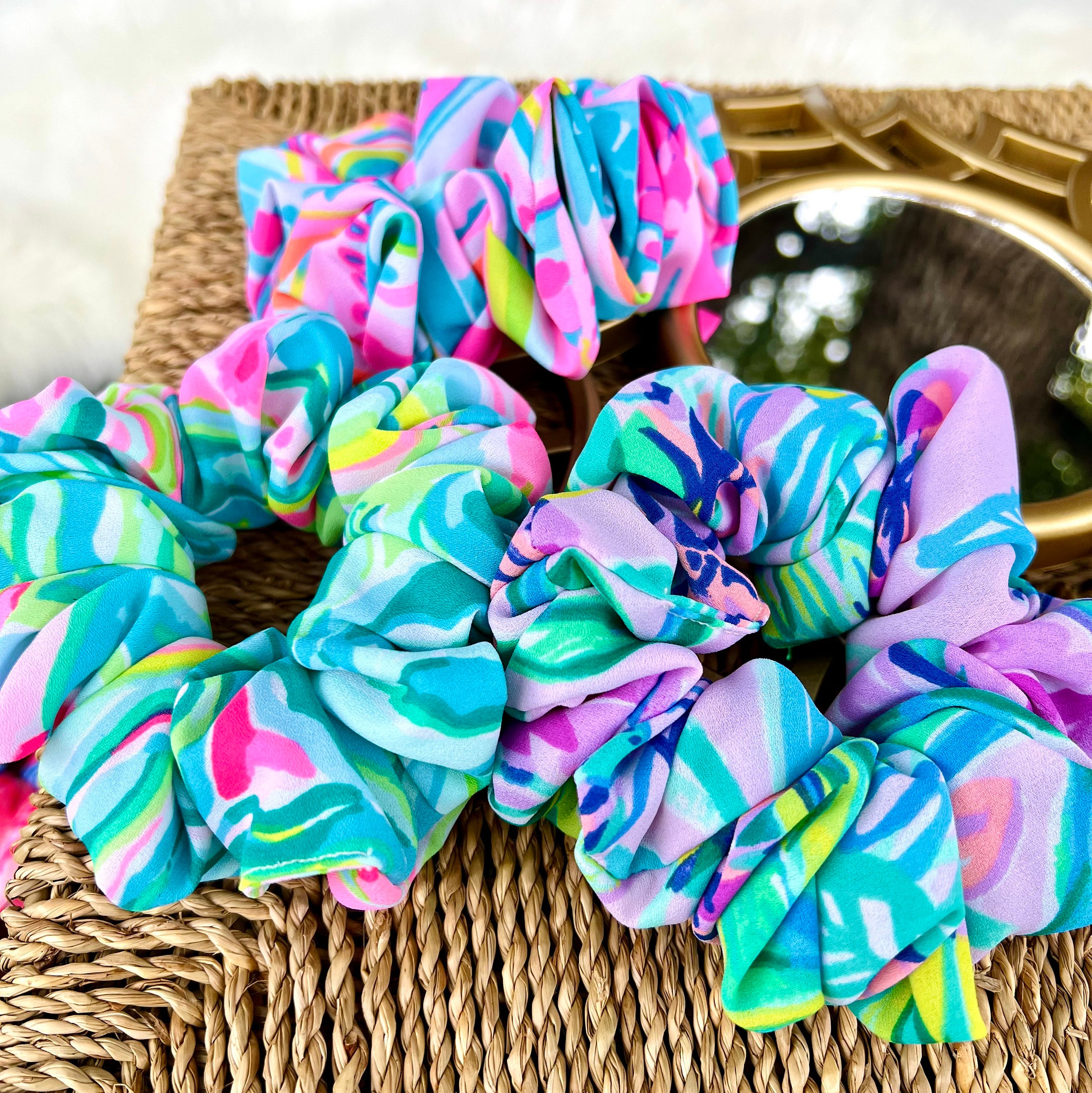 Hair Scrunchie Lush Full Luxurious volume Happy Bright colorful beachy tropical soft slinky unique special great gift made in the USA