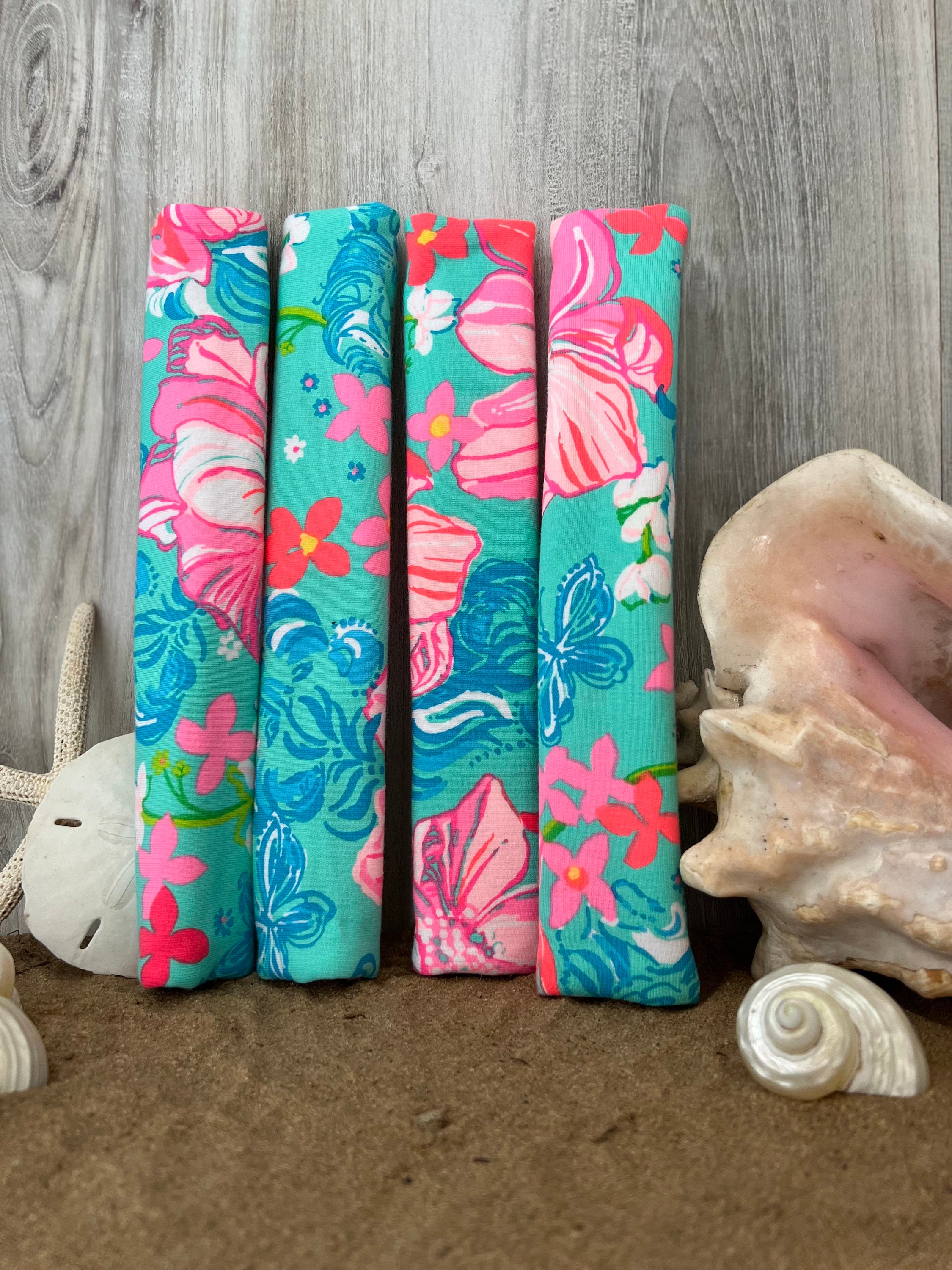 Seat Belt Head Rest Steering Wheel Covers soft pretty bright colors Lilly tropical prints LP flowers lions teal sea foam  white Print T-10 - Thumbnail 3