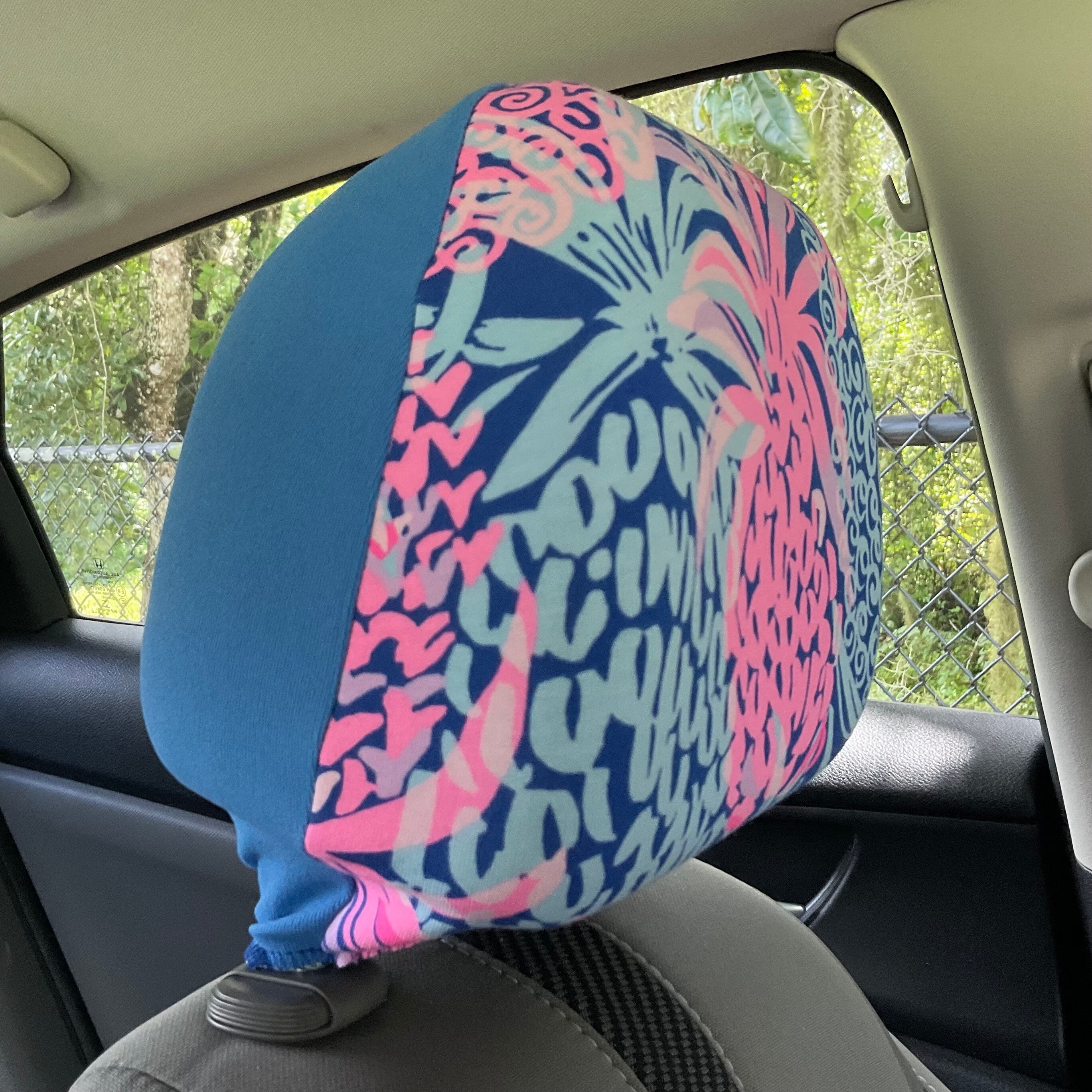 Steering Wheel Head Rest Seat Belt Covers in a beautiful colorful tropical LP print pink blue pineapple Lilly T15 - Thumbnail 5