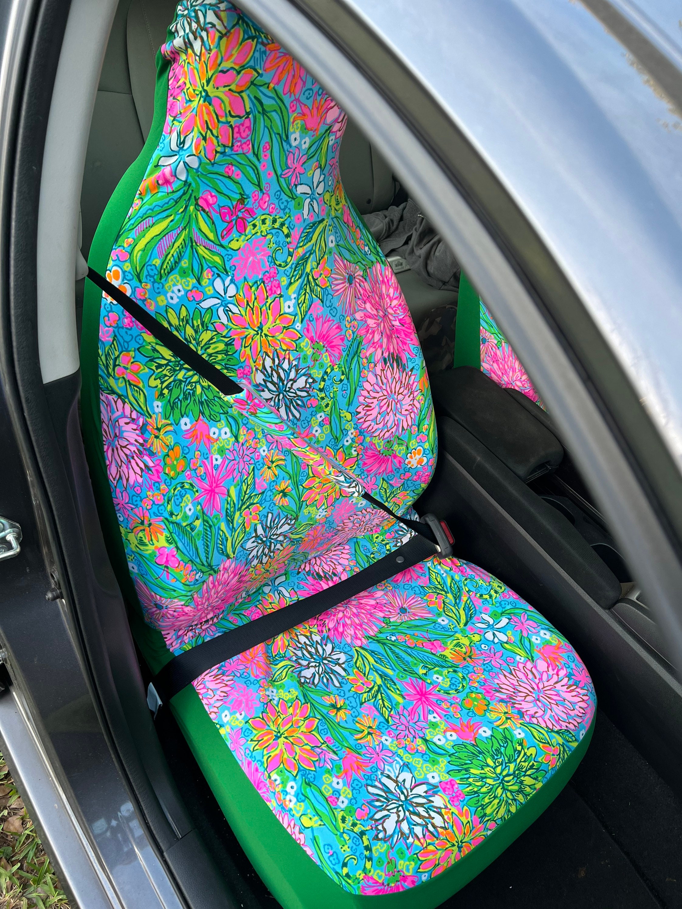Car Seat Cover beautiful bright beachy fabrics tropical lilly flowers nautical hot colors unique made in America USA - Thumbnail 2