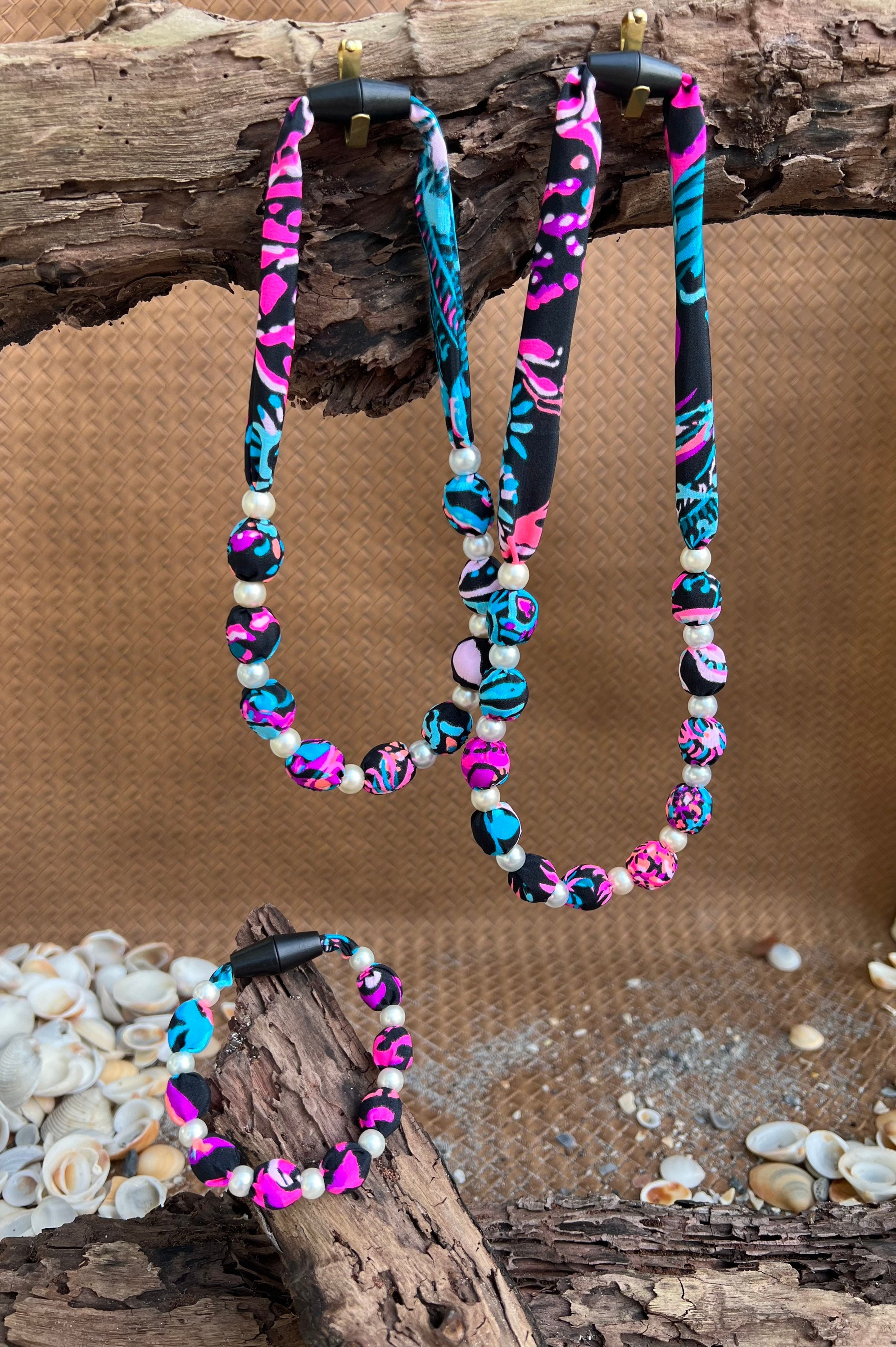 Tropical Silk Necklace Bracelet Earrings made from Beautiful Lilly Print Fabric Pearls Beads Gold Silver Cross Shell Jewelry Unique S16 - Thumbnail 5