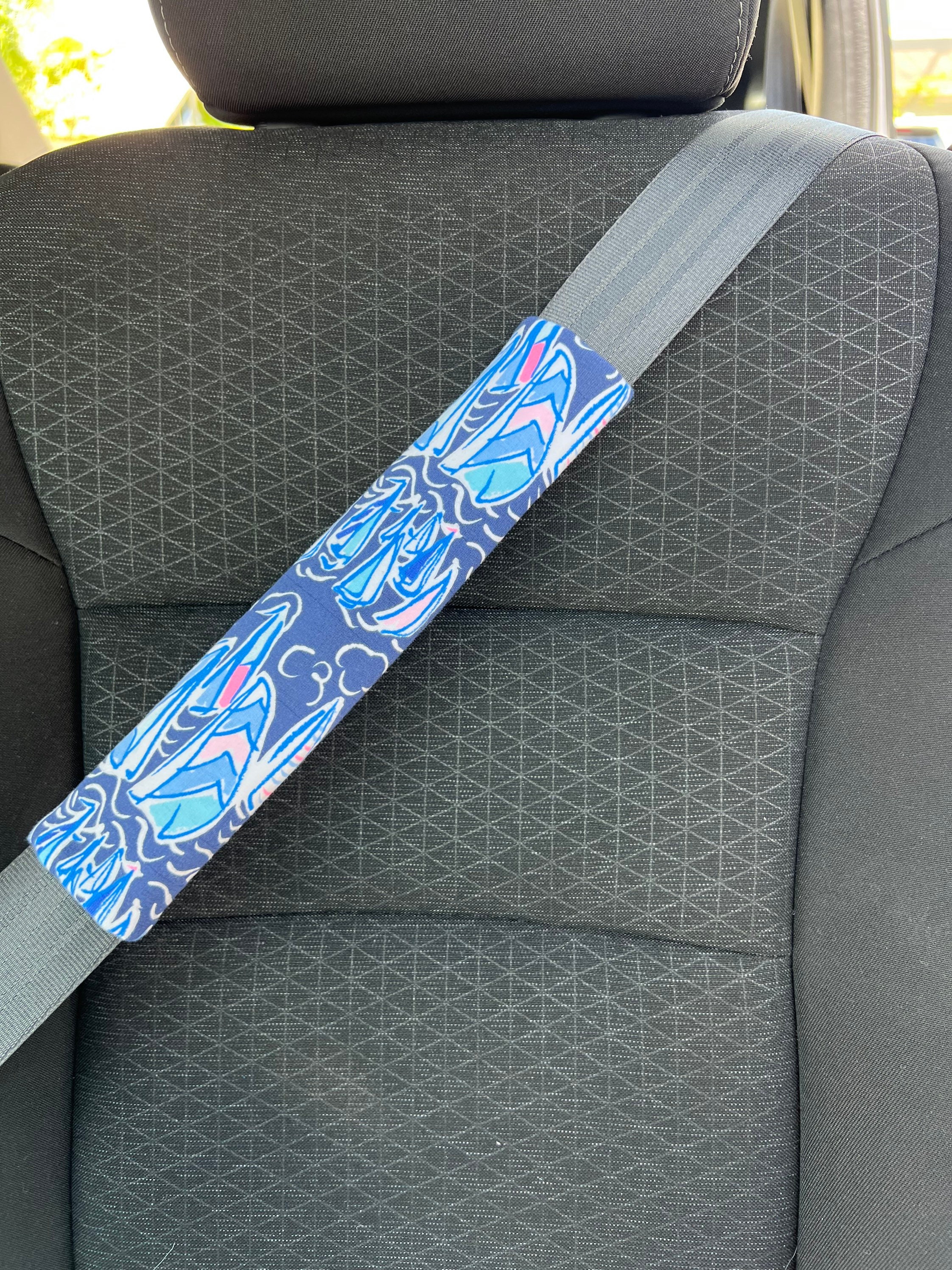 Steering Wheel Head Rest Seat Belt Covers in a beautiful colorful tropical LP print blue navy white pink T-3 - Thumbnail 5