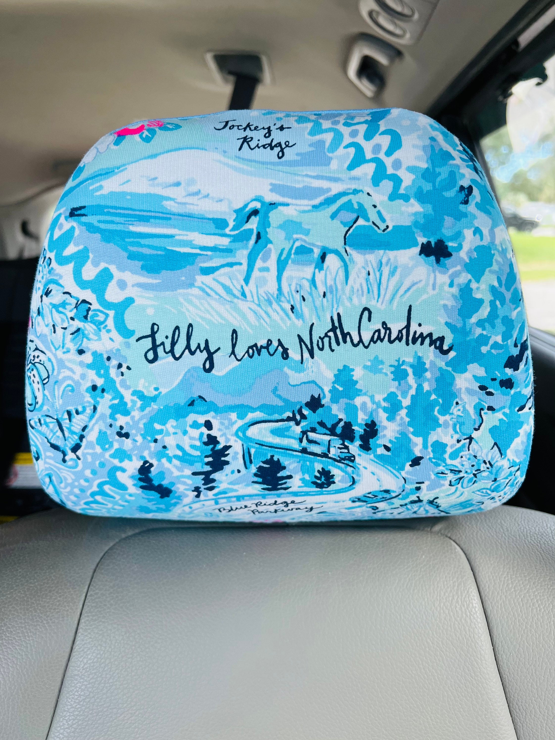 Steering Wheel , Head Rest & Seat Belt Covers Love North Carolina beautiful colorful tropical LP print blue white pink Lilly T-30 - Thumbnail 7