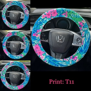 Steering Wheel Seat Belt Head Rest Covers in a beautiful colorful tropical floral LP print Lilly fuchsia pink green blue Lilly T11