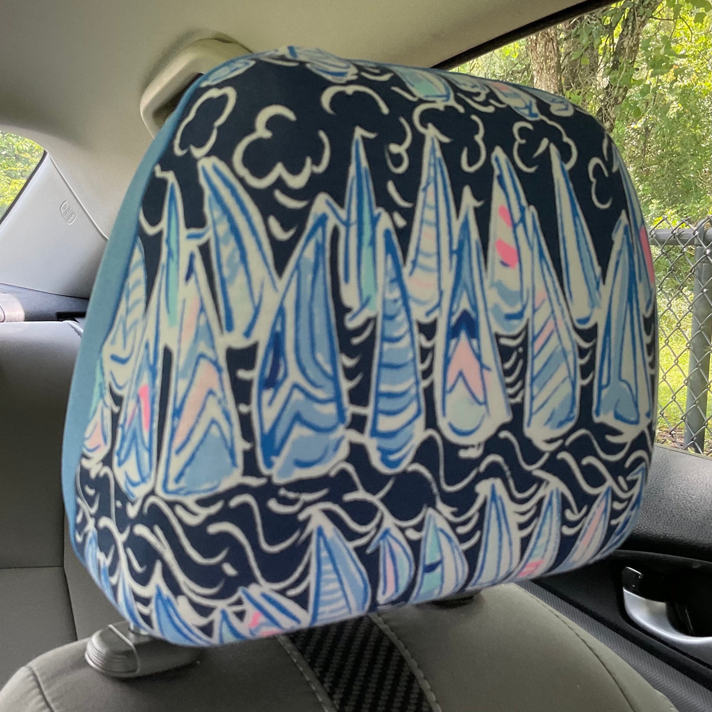 Steering Wheel Head Rest Seat Belt Covers in a beautiful colorful tropical LP print blue navy white pink T-3 - Thumbnail 7