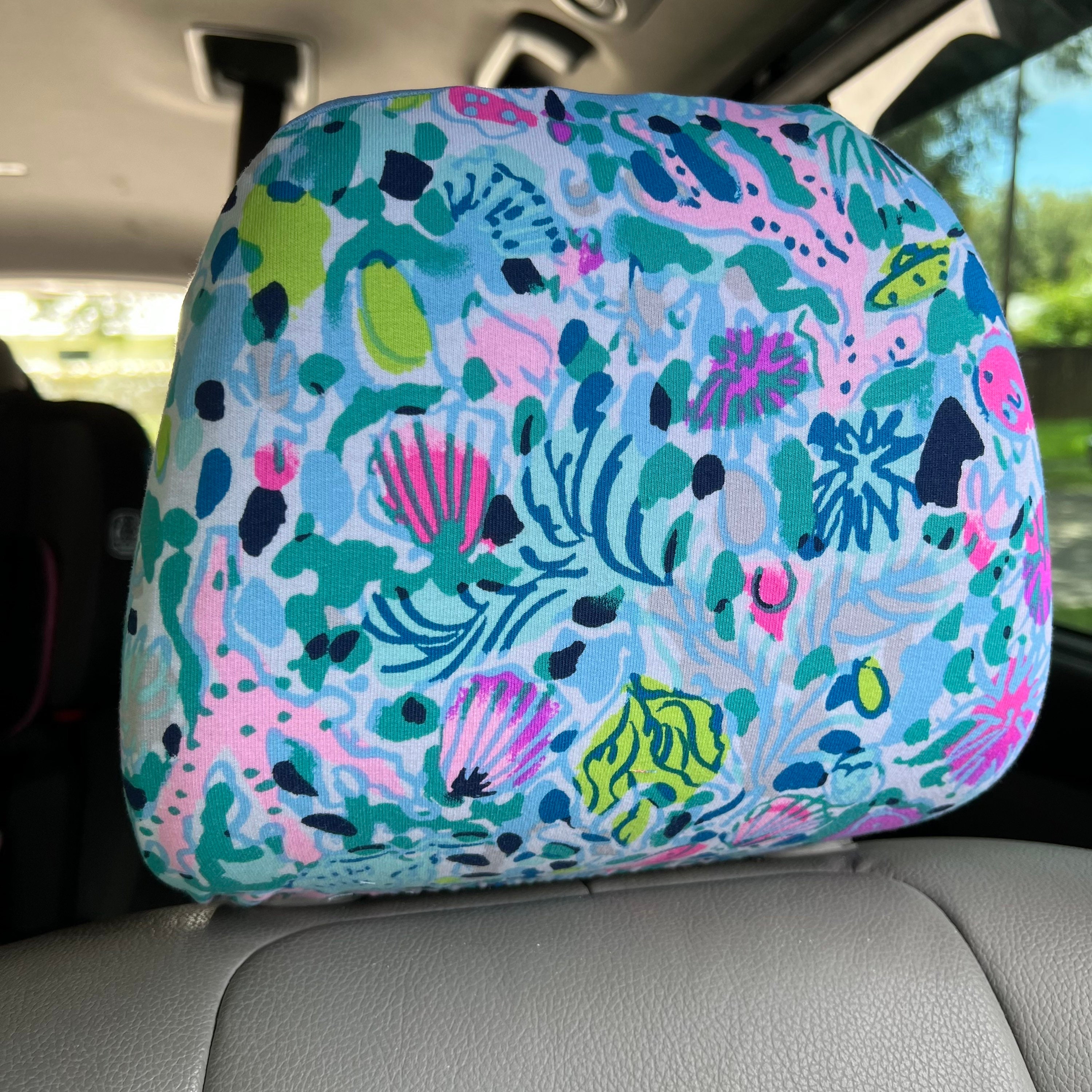 Seat Belt Head Rest Steering Wheel covers soft pretty bright colors Lilly tropical nautical prints LP light blue aqua pink white Print T-28 - Thumbnail 7