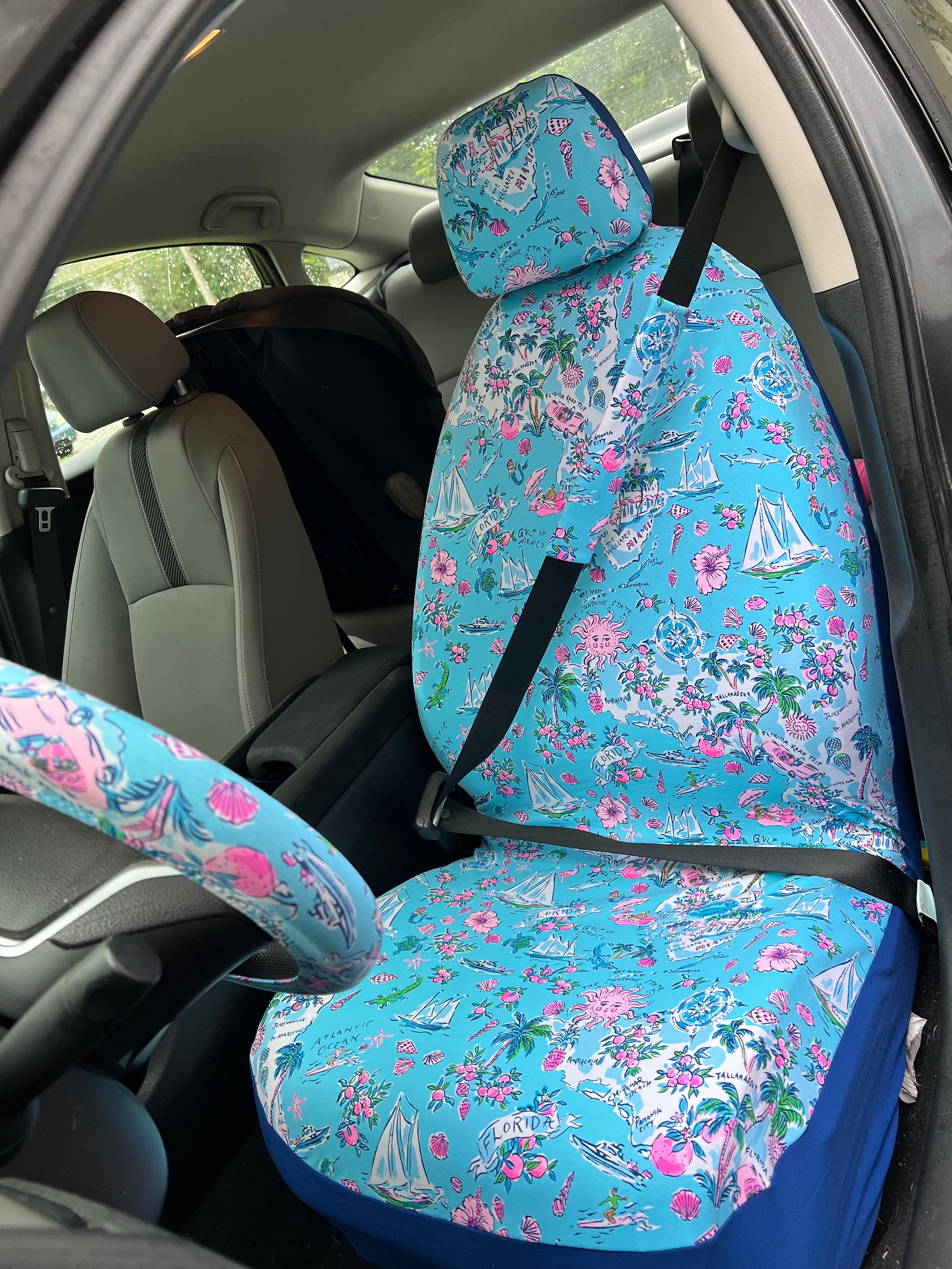 Seat Belt Head Rest Steering Wheel Covers soft Lilly tropical prints LP flowers turtle sail boat alligator Florida print - Thumbnail 7