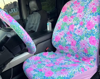 Capa para assento de carro, cinto de segurança, encosto de cabeça, volante, macio, cores brilhantes, estampas florais Lilly, LP Print T-38, rosa pervinca, verde