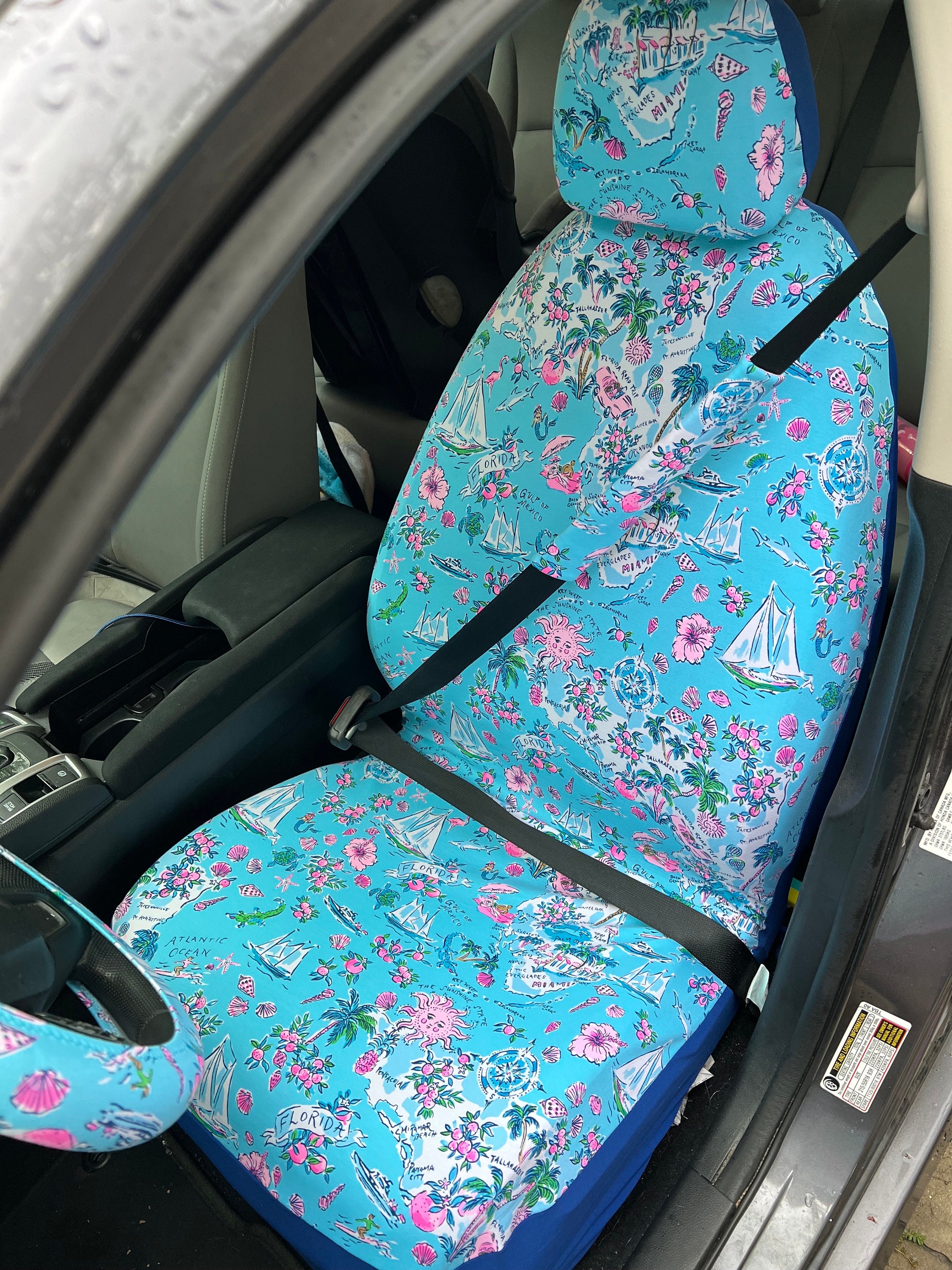 Seat Belt Head Rest Steering Wheel Covers soft Lilly tropical prints LP flowers turtle sail boat alligator Florida print