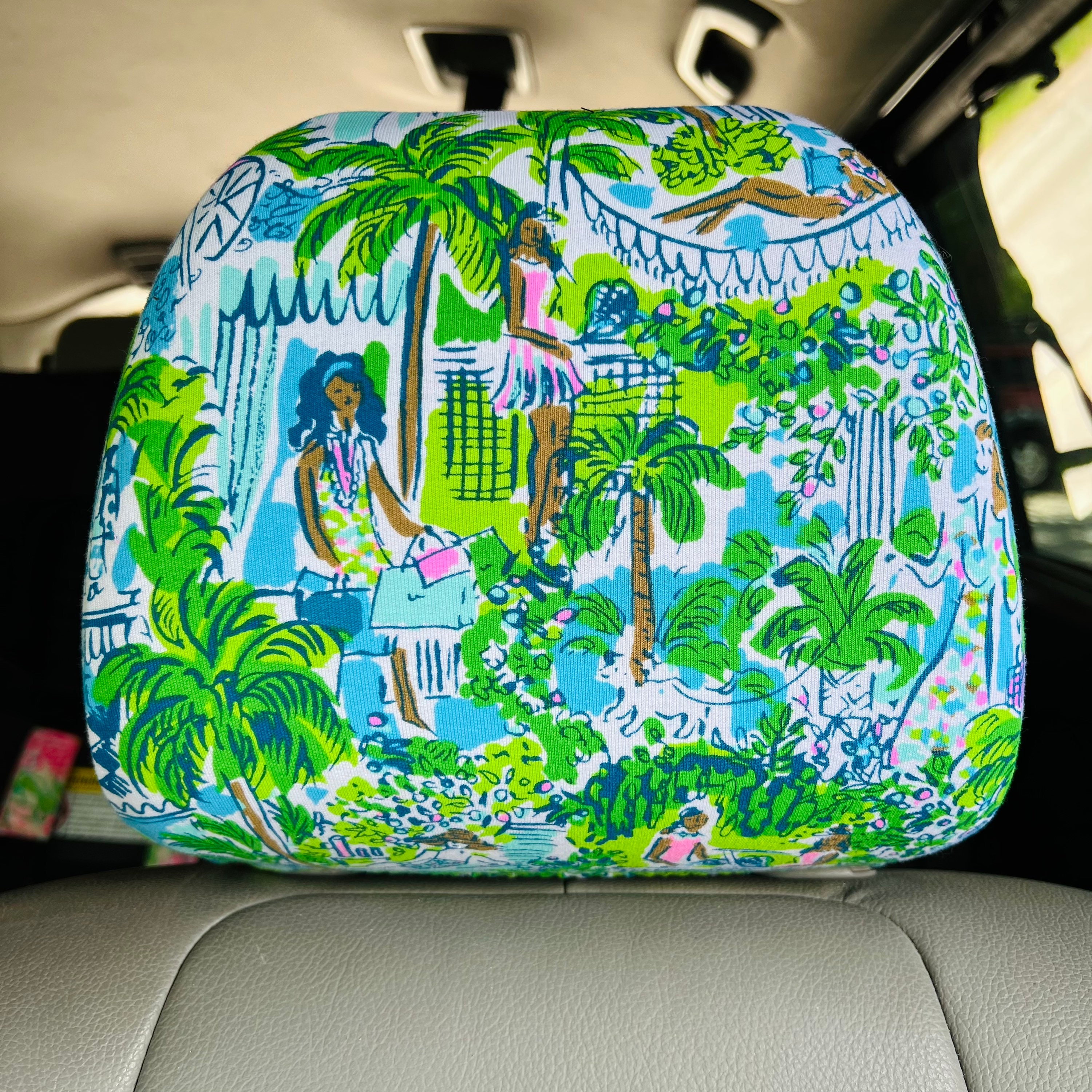 Seat Belt Head Rest Steering Wheel covers soft pretty bright colors Lilly tropical prints green white blue tennis pickle ball LP Print T27 - Thumbnail 3