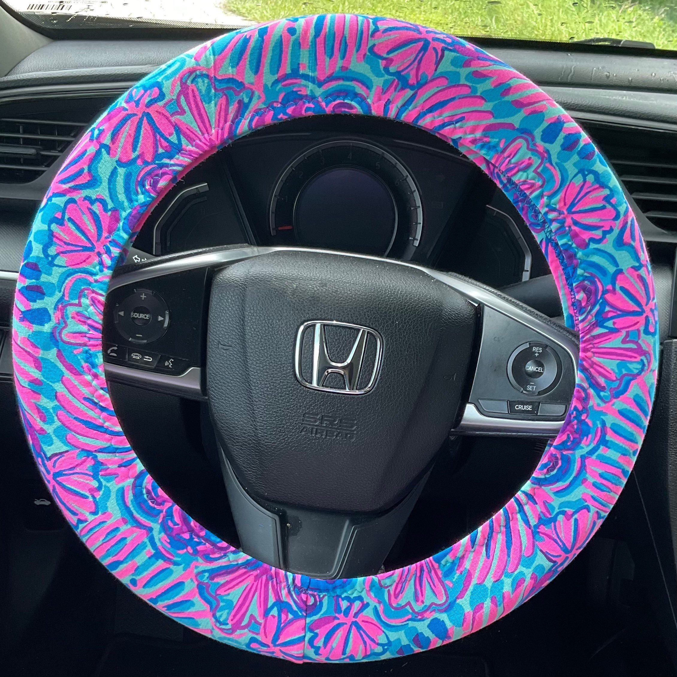 Seat Belt Head Rest Steering Wheel Covers soft pretty bright colors Lilly tropical prints LP  beach shells pink purple aqua Print T-21 - Thumbnail 6