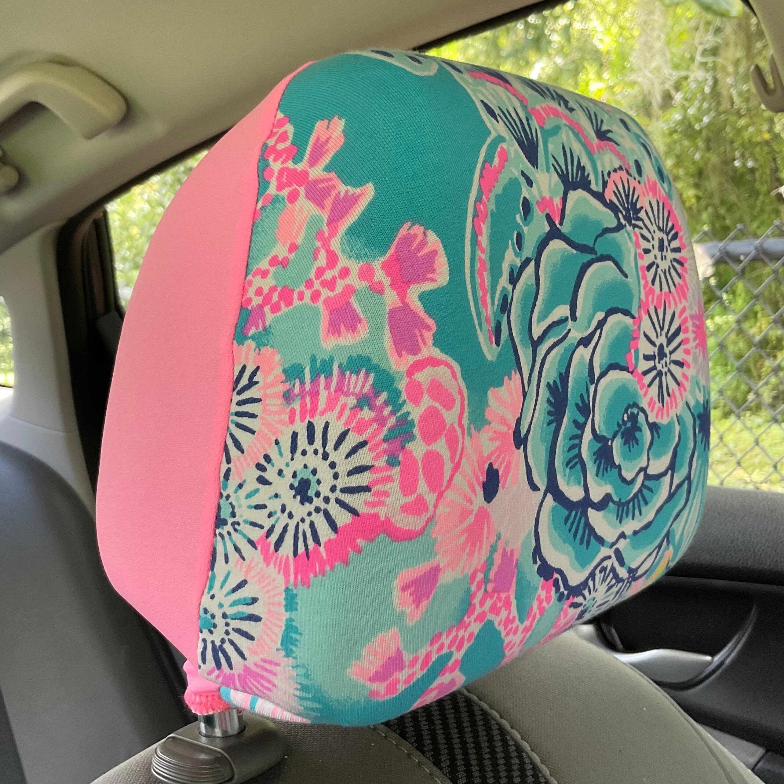 Steering Wheel Head Rest Seat Belt Covers in a beautiful colorful tropical nautical LP print aqua, pink, yellow Lilly T4 - Thumbnail 6