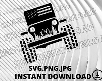 May include: Black silhouette of a Jeep with a mountain scene and an American flag on the bonnet. The Jeep has large tyres with a tread pattern. The image is on a white background.