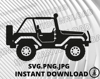 May include: Black silhouette of a Jeep with a roll cage and a spare tire on the back. The Jeep is on a white background with the text "SVG.PNG.JPG INSTANT DOWNLOAD" below it.