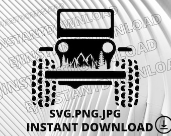 May include: Black and white silhouette of a jeep with a mountain scene in the windshield. The jeep has large tires and is driving through a forest. The text "SVG.PNG.JPG" and "INSTANT DOWNLOAD" is below the image.