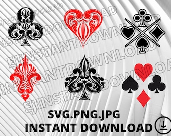 Simboli dei semi delle carte da gioco: quadri, fiori, cuori e picche. File di taglio per Cricut. Silhouette Clip Art (svg, png, jpeg), Poker Svg