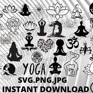 Könnte beinhalten: Eine Sammlung von 25 schwarzen und weißen SVG-Schnittdateien zum Thema Yoga. Die Designs beinhalten Lotusblumen, Yoga-Posen und das Om-Symbol.  "Practice Yoga" ist in einer kursiven Schrift geschrieben.