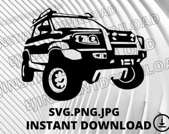 May include: Black and white silhouette of a pickup truck with a roof rack. The truck is facing the viewer and has large tires. The image is on a white background.