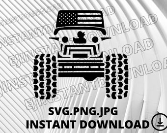 May include: Black and white silhouette of a Jeep with an American flag on top and a rubber ducky in the windscreen. The Jeep has large tyres and is facing forward. The text "SVG.PNG.JPG" and "INSTANT DOWNLOAD" is below the image.