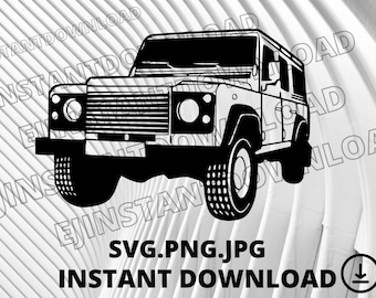 May include: Black and white silhouette of a Land Rover Defender, a classic off-road vehicle. The vehicle is facing forward with the front grille and headlights visible.